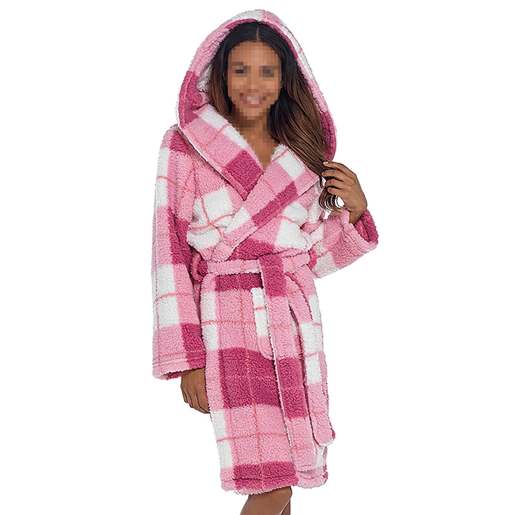 A2Z Women's Luxurious Fluffy Fleece Robe Check Print Sherpa Hooded Dressing Gown