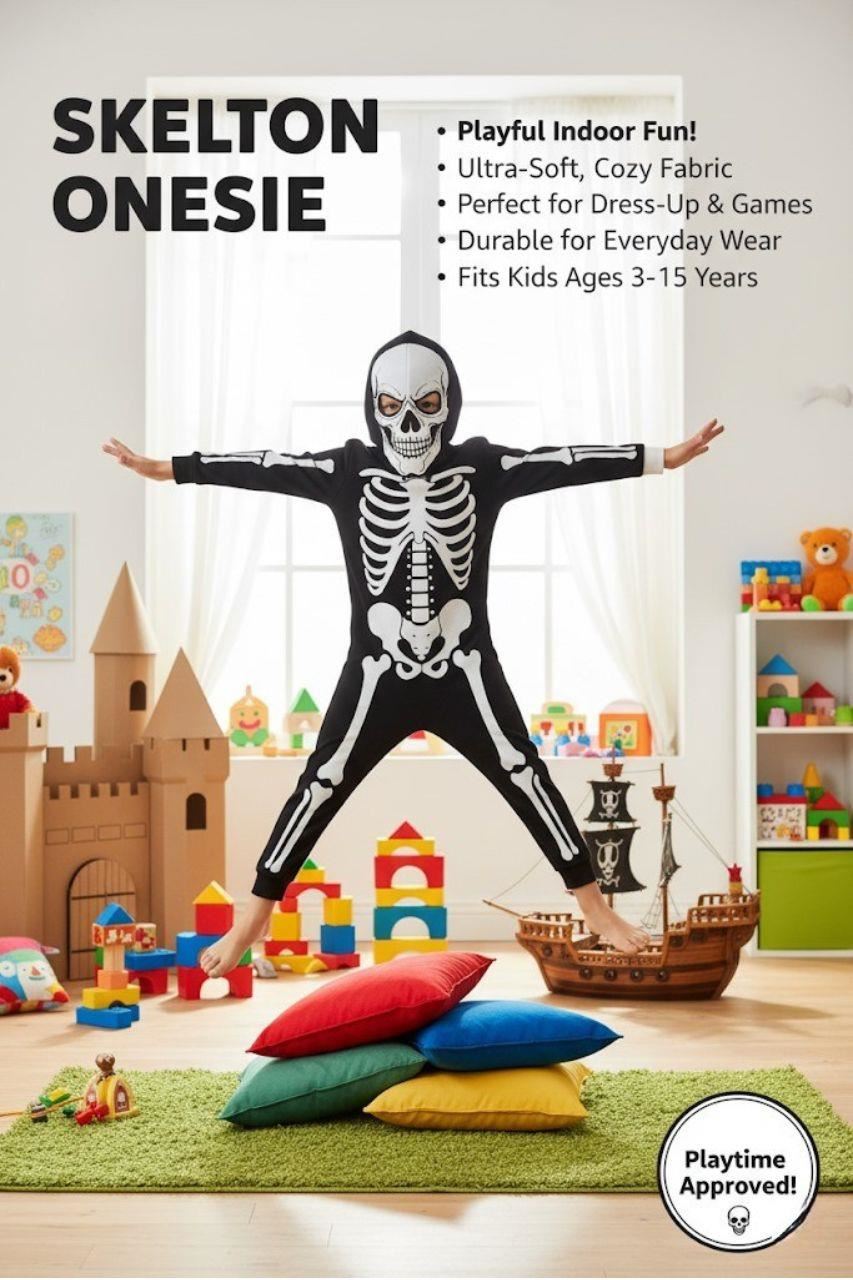 Girls Boys White Skeleton Print Pyjama Halloween Onesie