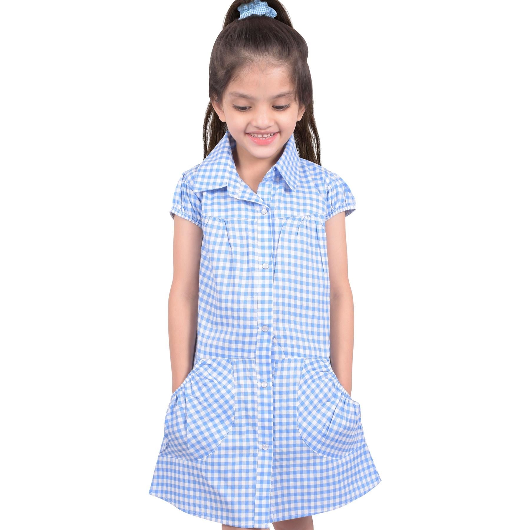 Kids Girls Gingham School Dress Check Printed Dresses With Matching Scrunchies