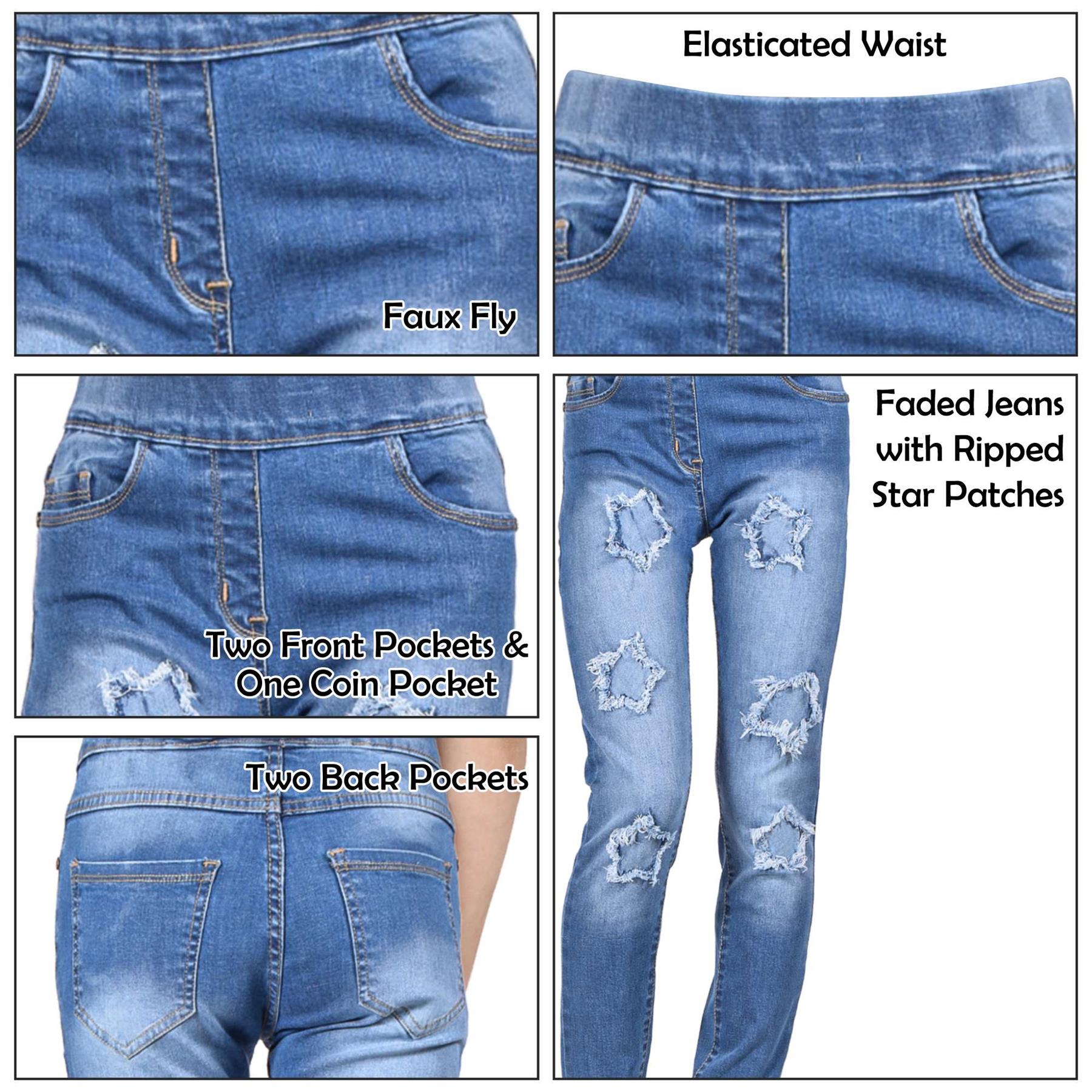 Kids Girls Comfort Stretchy Stars Ripped Mid Blue Fashion Denim Jeans