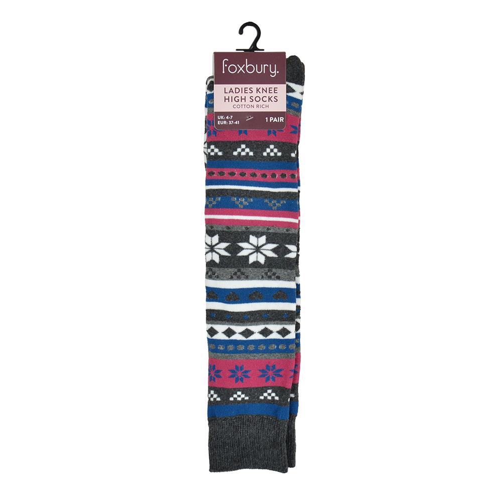 Ladies 2 Pack Fairisle Knee High Socks Novelty Sock Snowflake Welly Boot Socks