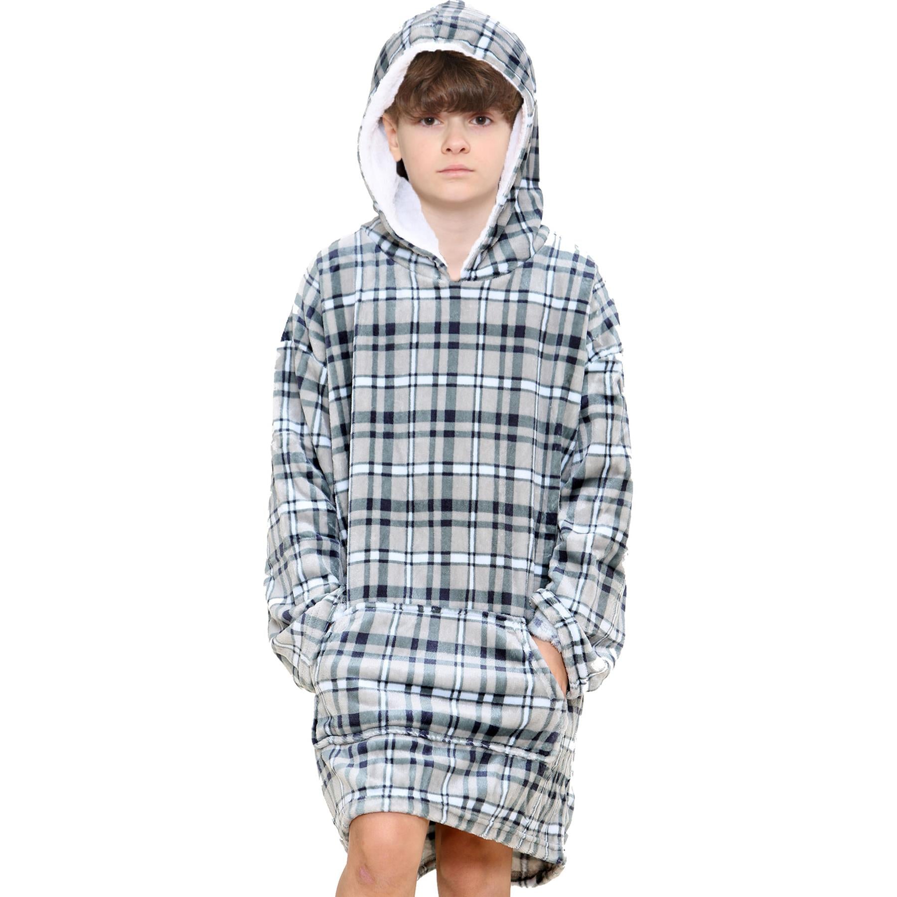 Kids Oversized Hoodie Blue Tartan Printed Snuggle Soft World Book Day Blanket