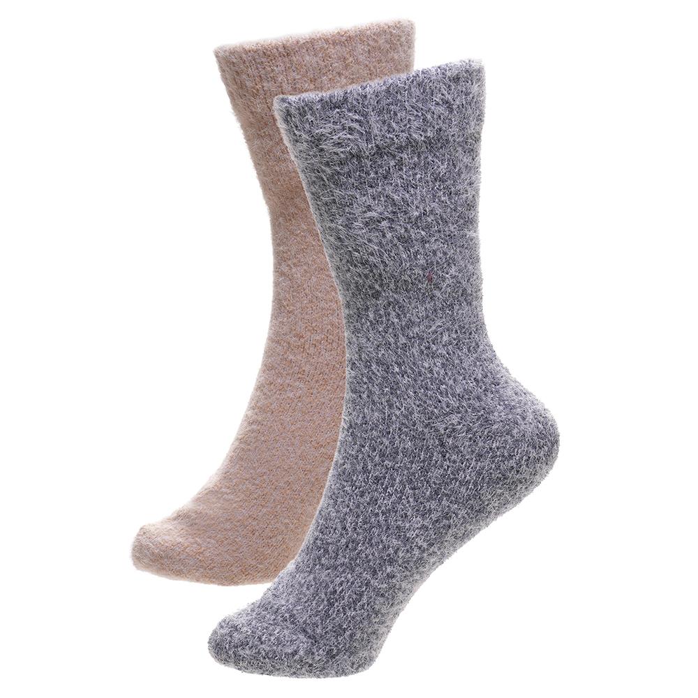 Ladies 2 Pack Soft Twist Yarn Cosy Socks Heather Grey & Red Warm Fairisle Socks