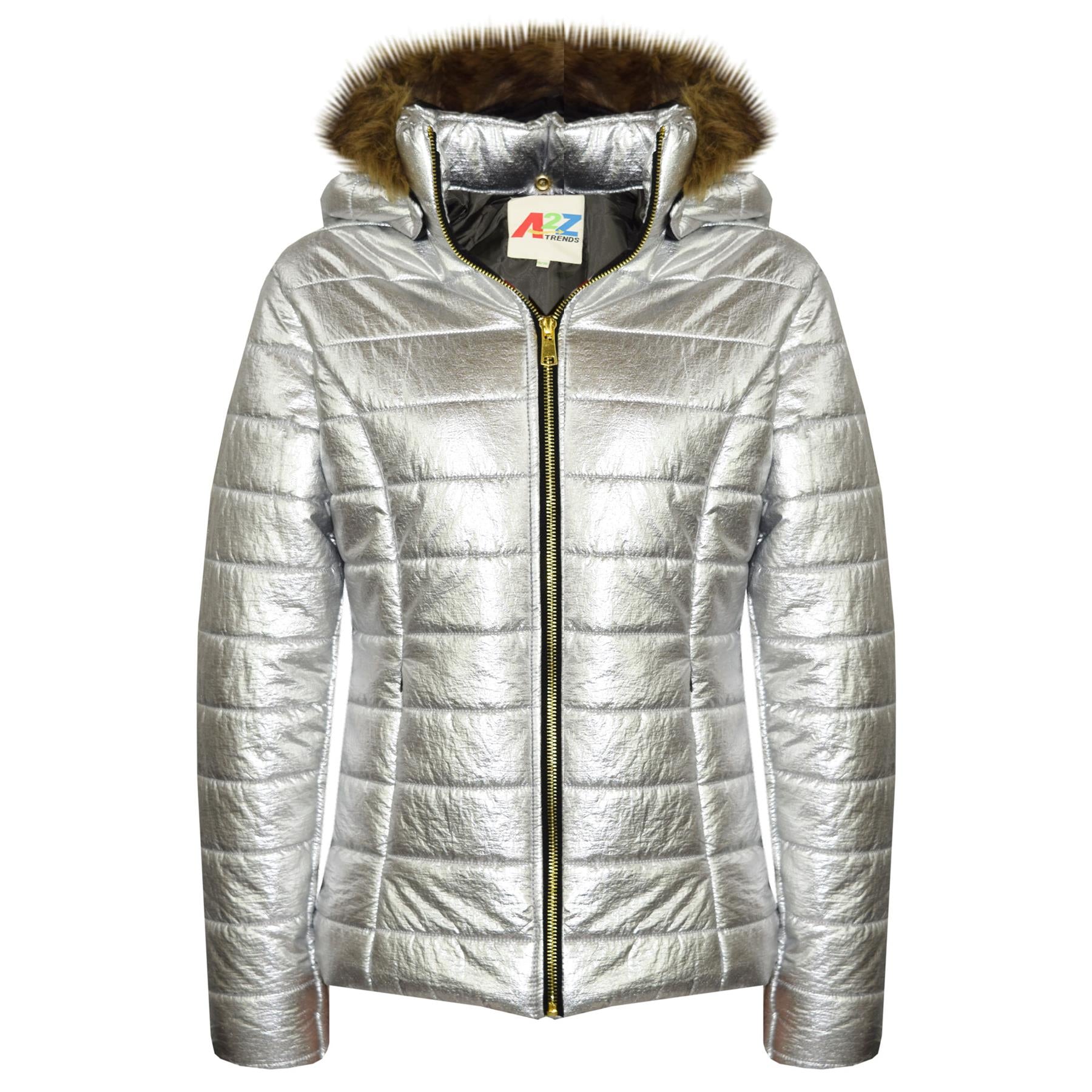 Kids Girls Jackets Metallic Silver Puffer Padded Quilted Hooded Faux Fur Coats