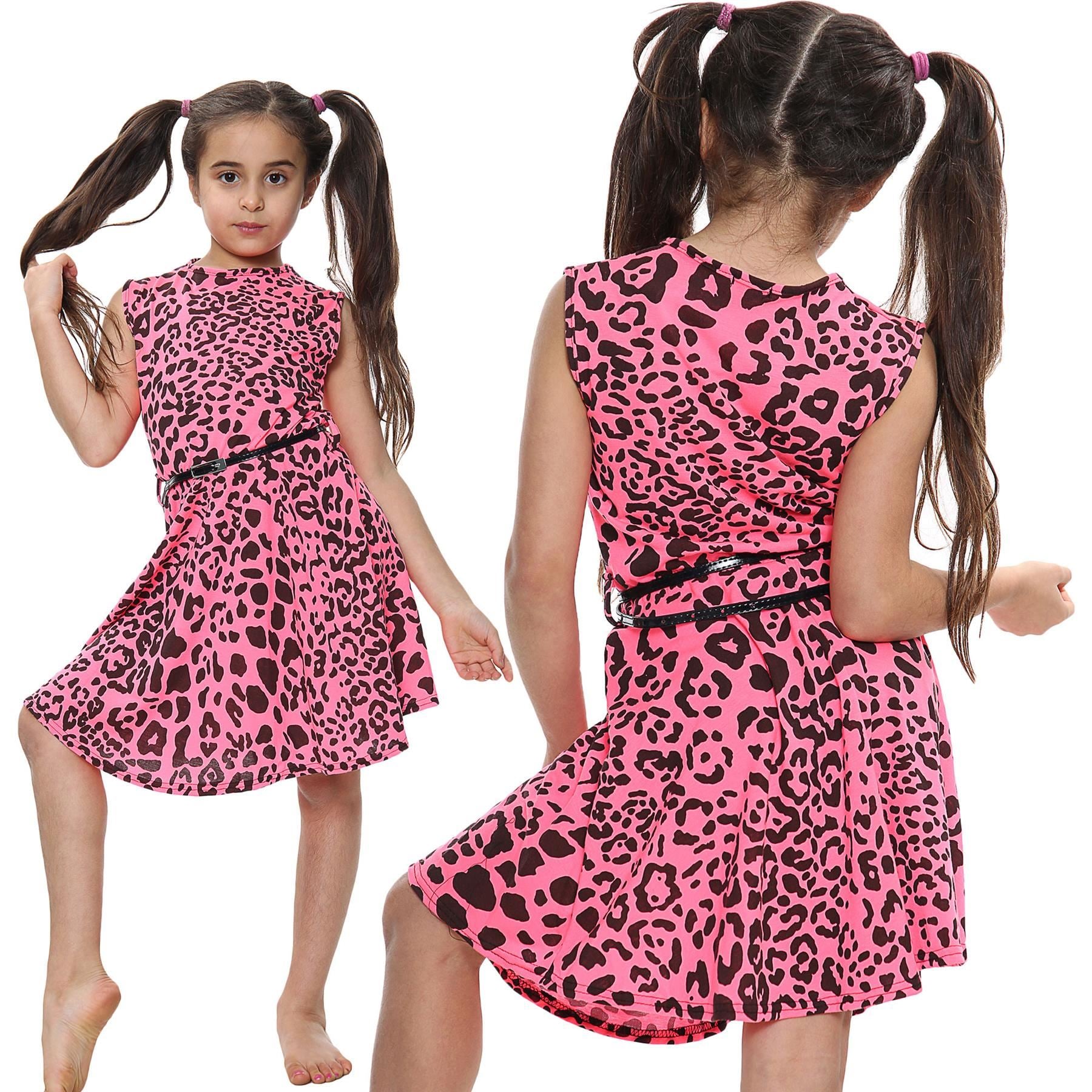 Kids Girls Skater Dress Leopard Summer Dresses With A Free Belt Age 5-13 Years