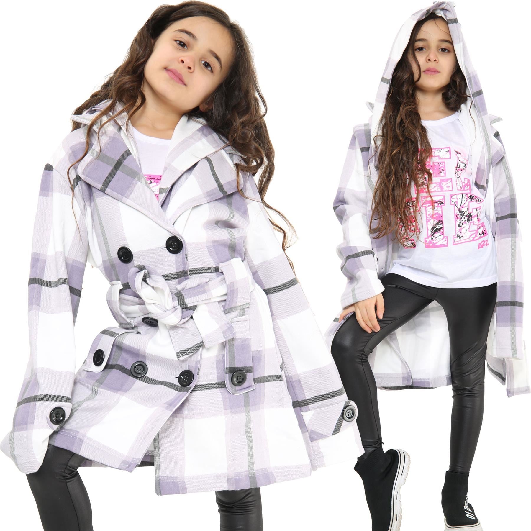 Kids Girls Overcoats Hooded Trench Coats Lapels Lilac Check Long Parka Jackets