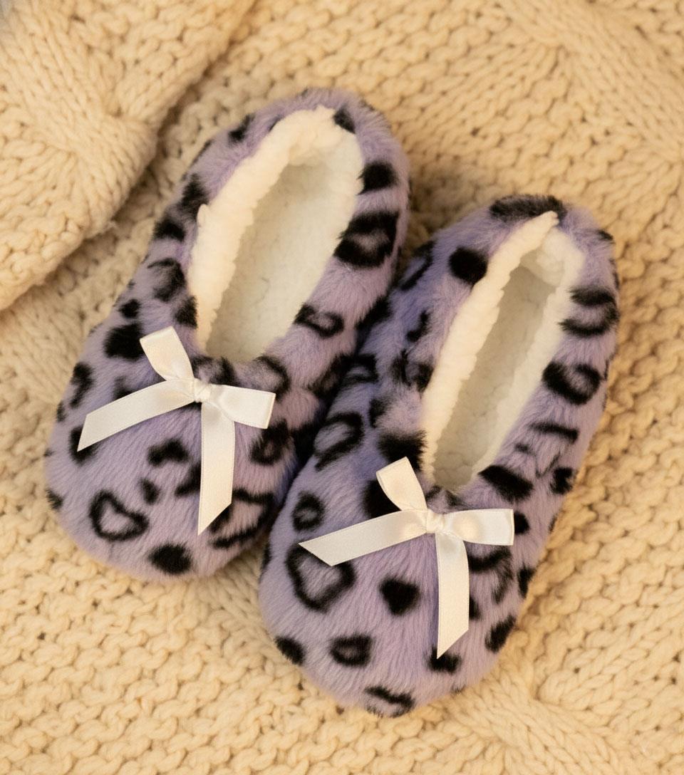Ladies Heart Print Slipperette FleeceSlippers Socks Faux Fur Lining UK 4-8