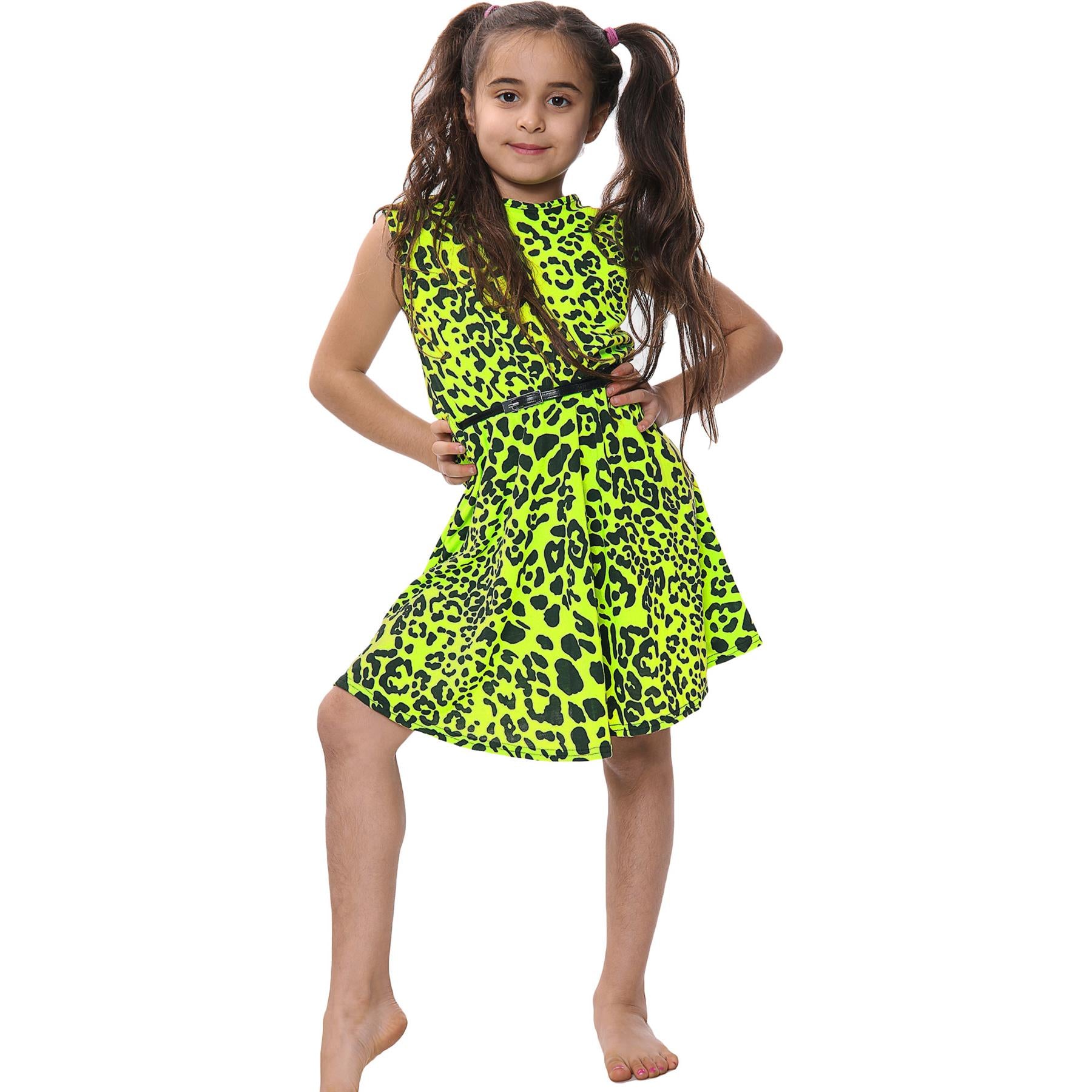 Kids Girls Skater Dress Leopard Summer Dresses With A Free Belt Age 5-13 Years