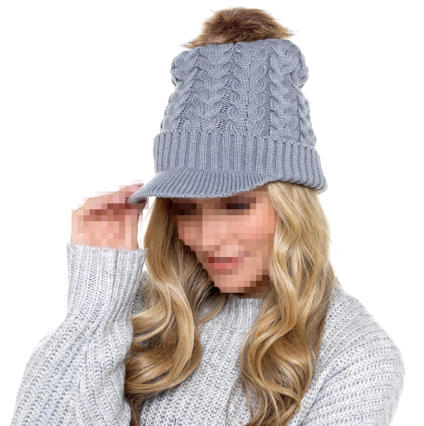 A2Z Ladies Hat Cable Knit Peaked Sherpa Detachable Pom Pom Winter Warm Cozy Caps