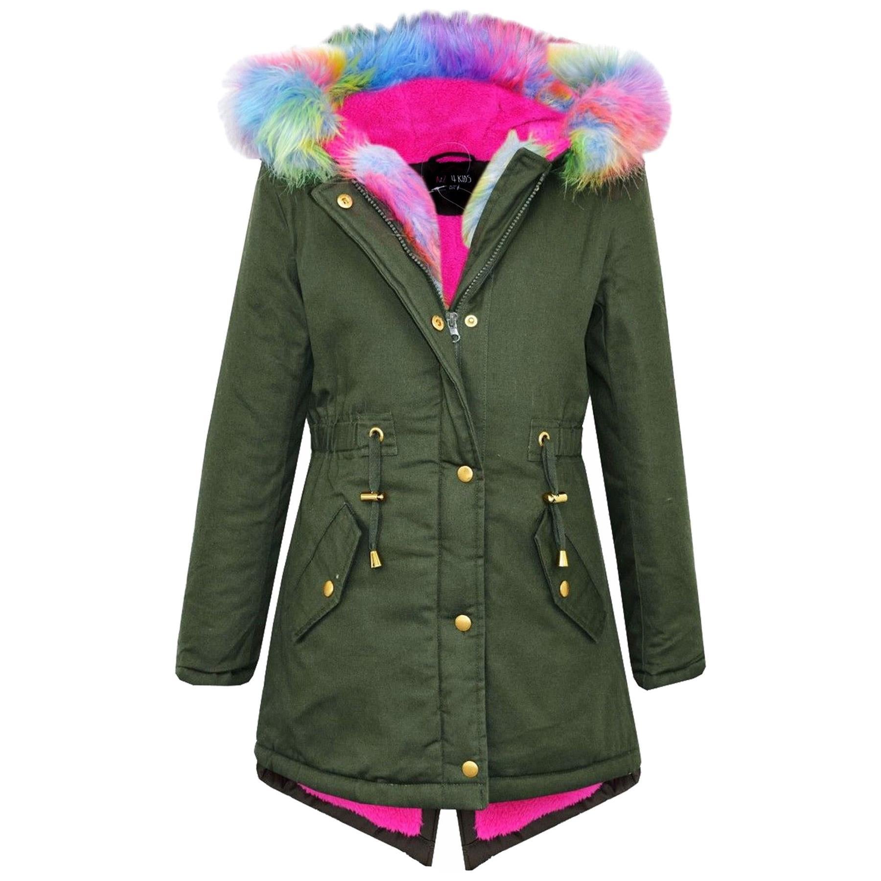 Kids Girls Hooded Jacket Rainbow Faux Fur Parka School Jackets Outerwear