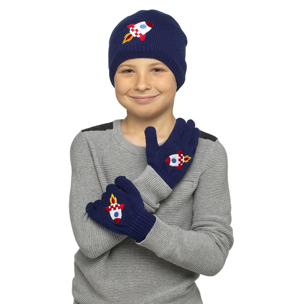 Kids Boys Hats Embroidered Rocket Gloves Knit Set Winter Warm Thermal Gloves Set