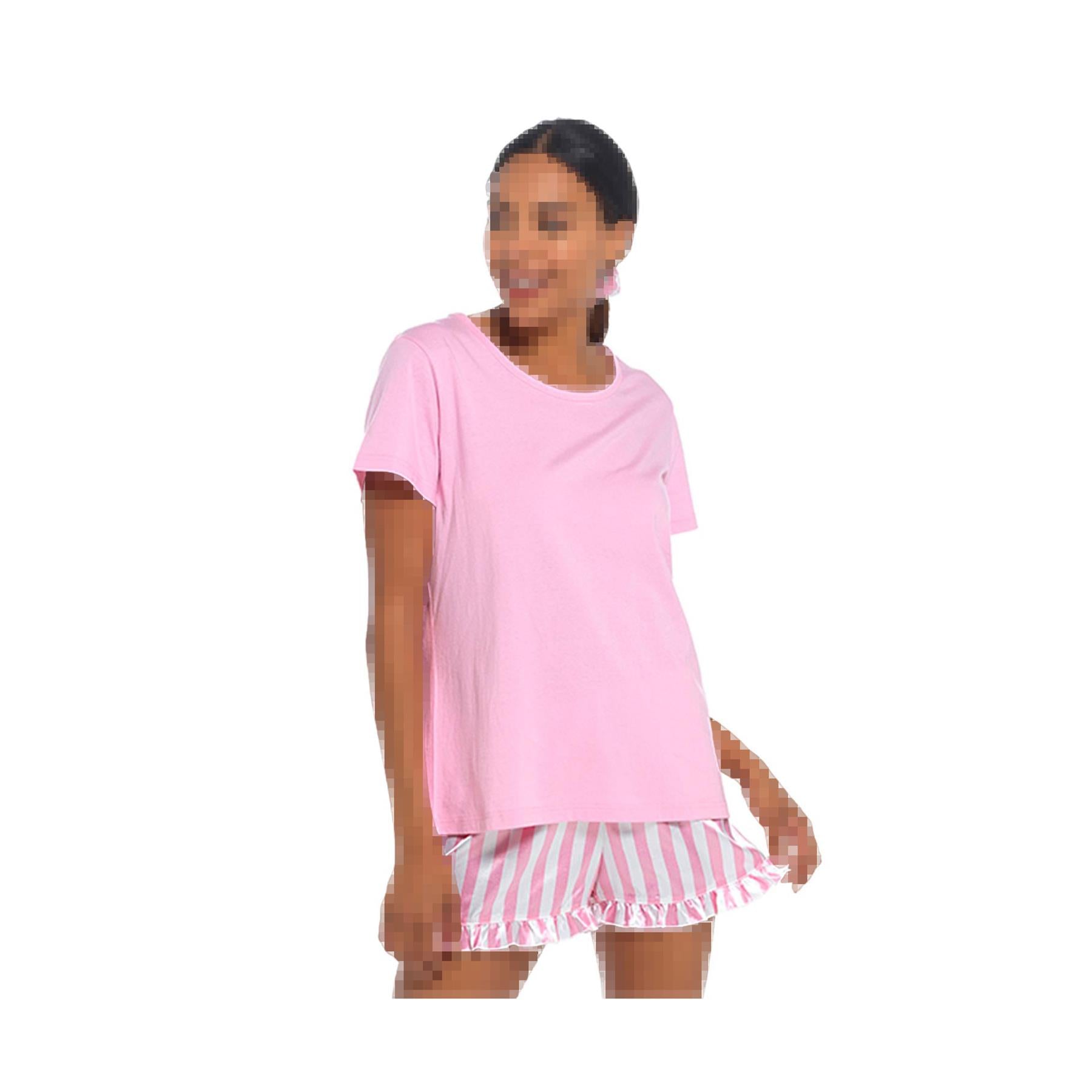 A2Z Ladies Short Sleeve Jersey Top Satin Stripe Shorts Pyjama Set With Scrunchie