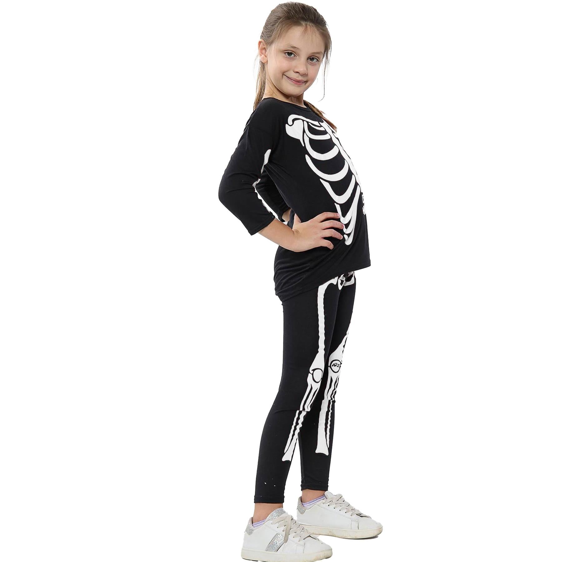Kids Girls Skeleton Print Halloween Costume Set
