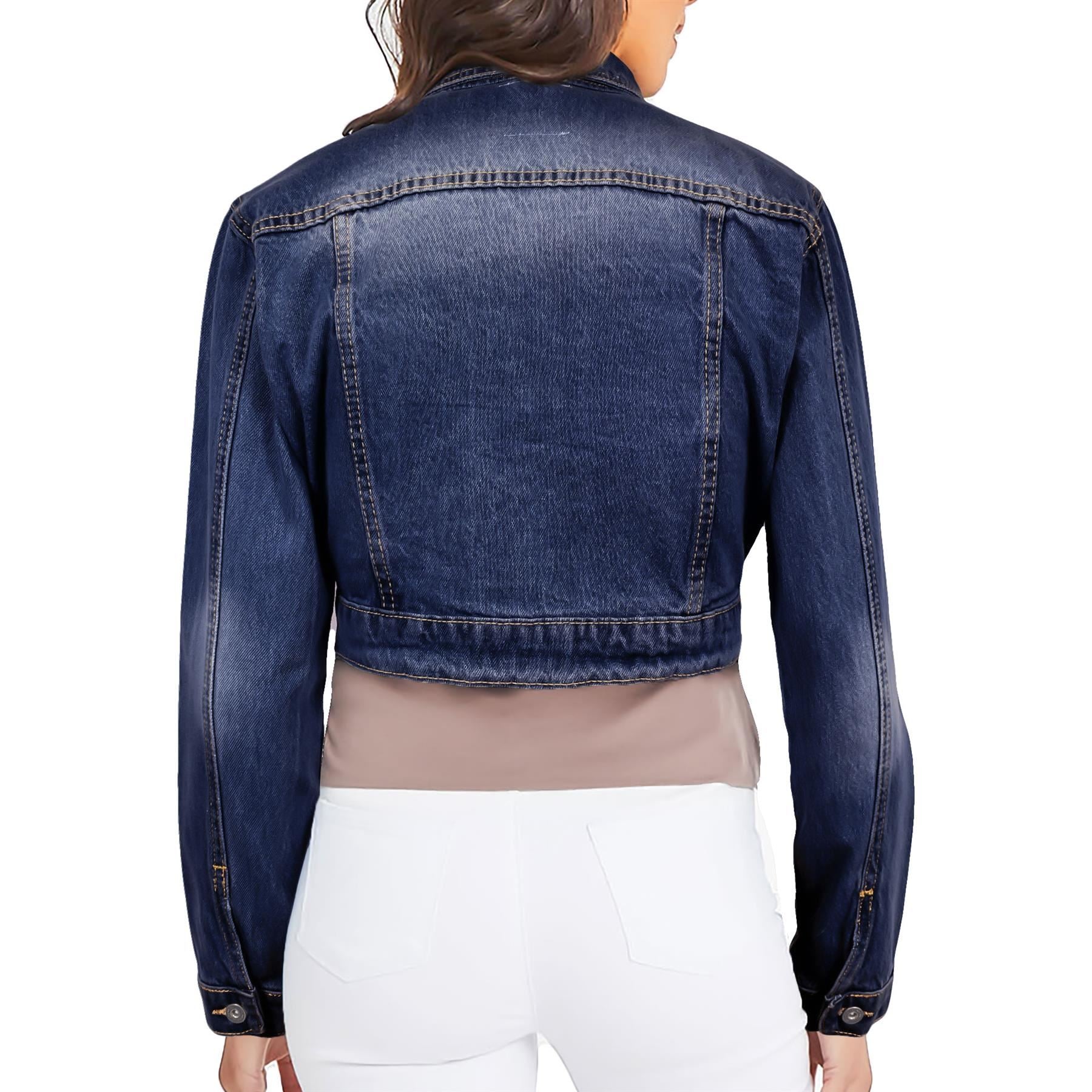 Ladies Cropped Denim Jacket Dark Blue Premium Cotton Vintage Fashion Jeans