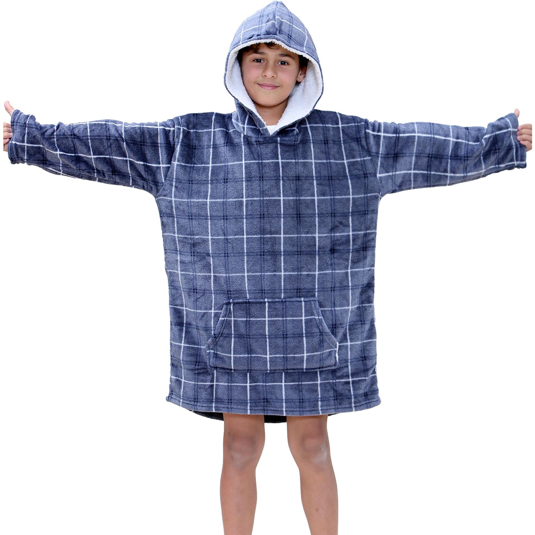 Kids Oversized Hoodie Blue Tartan Printed Snuggle Soft World Book Day Blanket