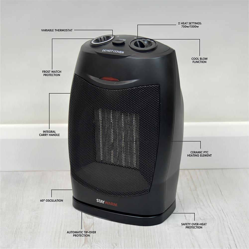 A2Z 1500w Oscillating PTC Ceramic Fan Heater, 1500w, 2 heat settings - Black