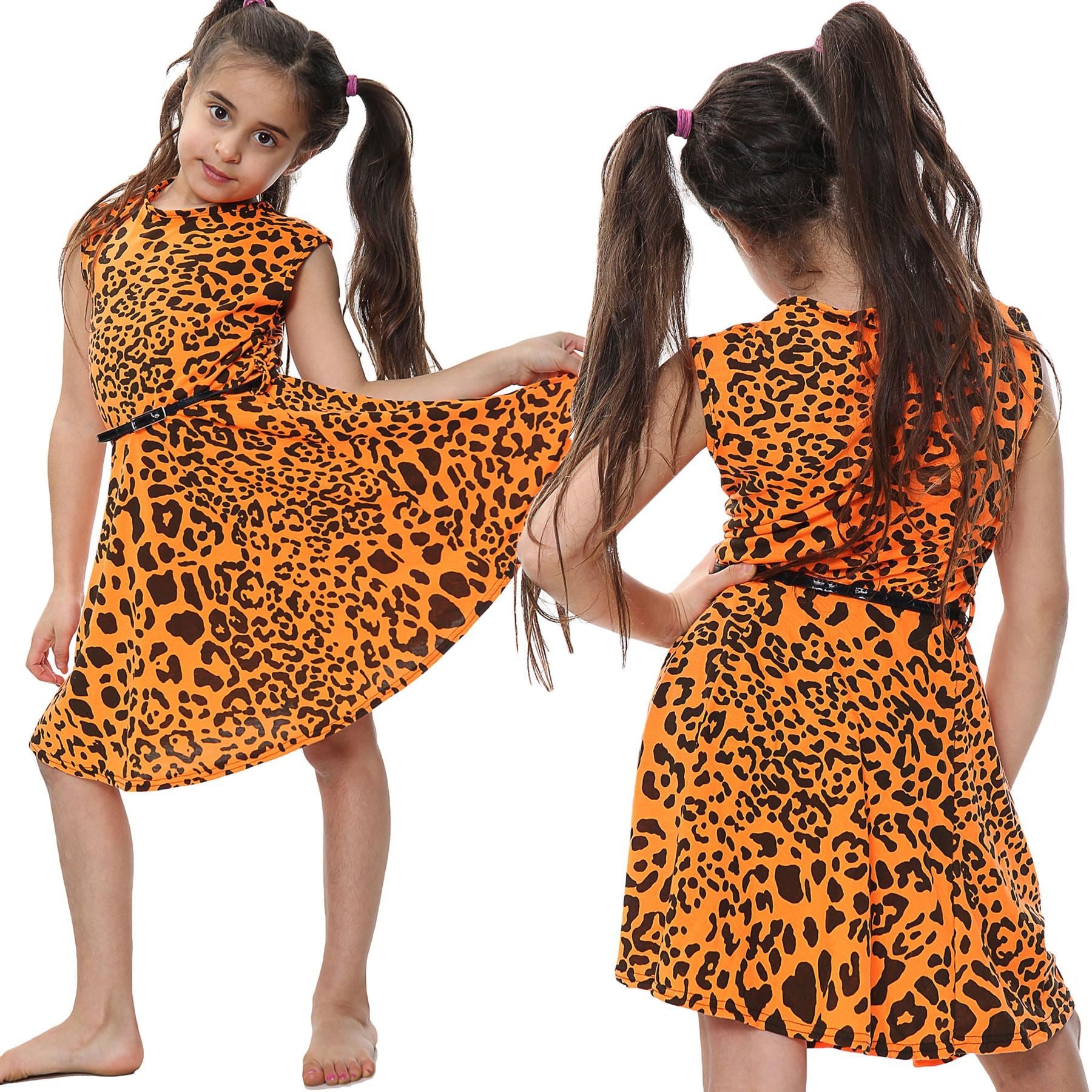 Kids Girls Skater Dress Leopard Summer Dresses With A Free Belt Age 5-13 Years