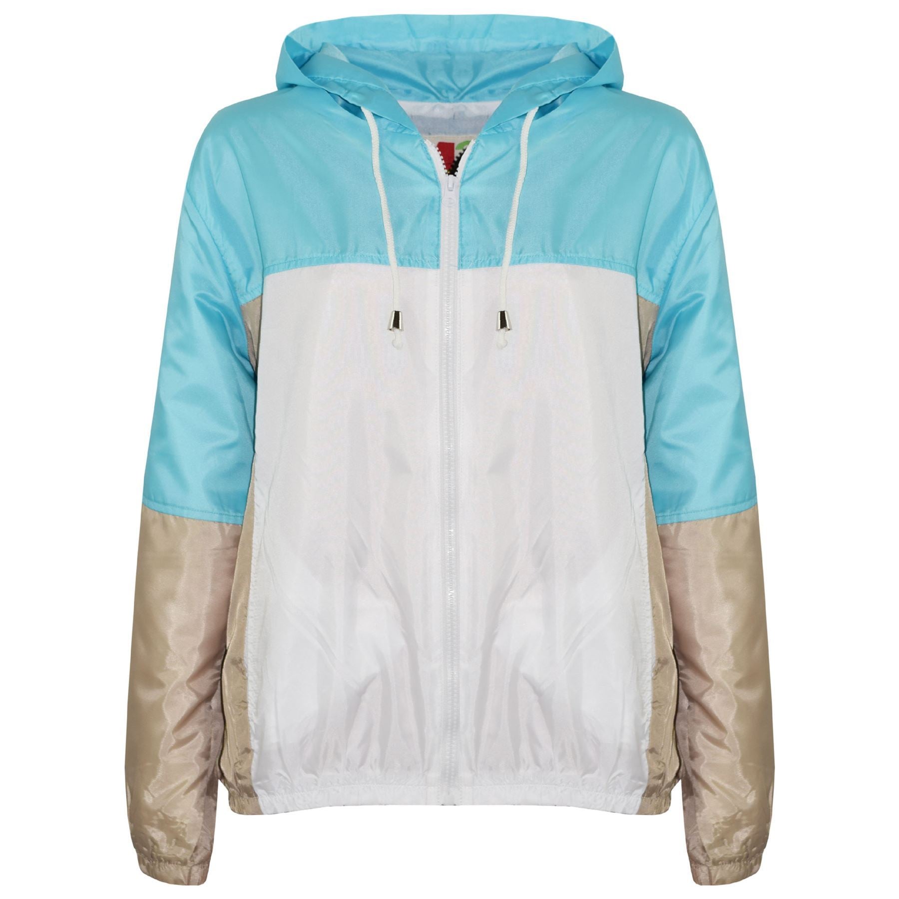 Kids Girls Boys Windbreaker Jacket Contrast Sleeve Aqua Hooded Rain Mac Raincoat