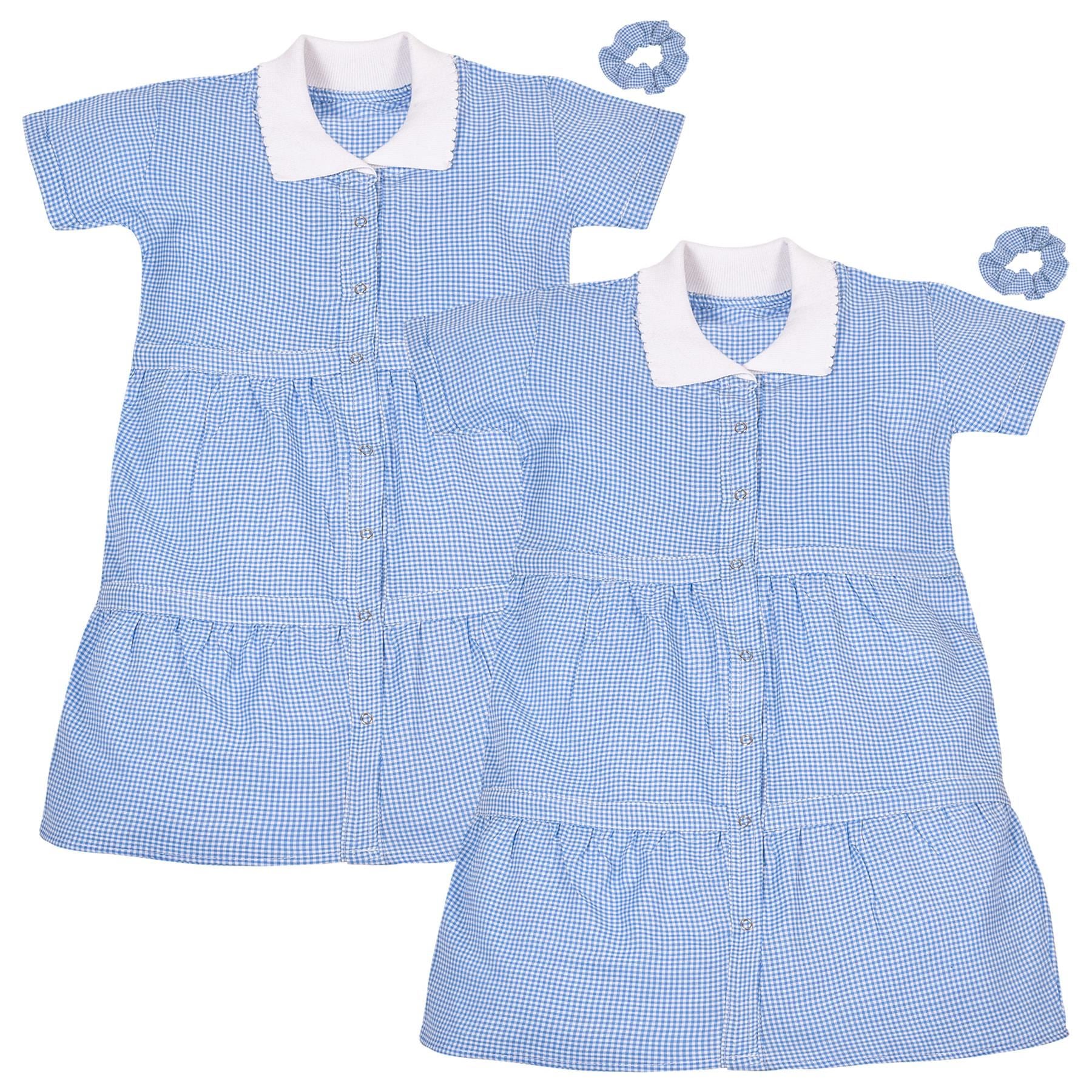 Kids Girls 2 Pack Gingham School Dress Check Button Up Tiered Dresses With Scrunchies