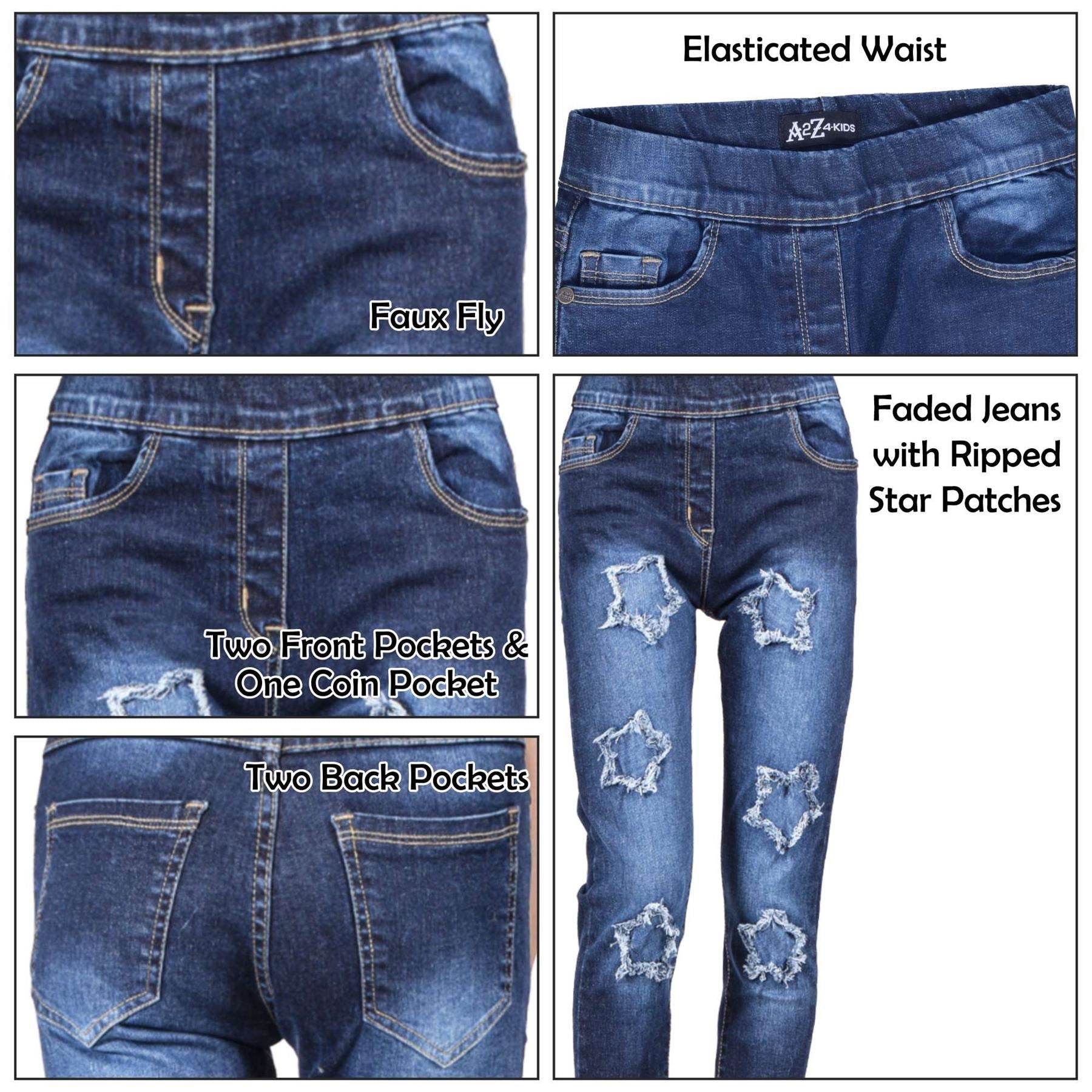 Kids Girls Comfort Stretchy Stars Ripped Fashion Denim Jeans