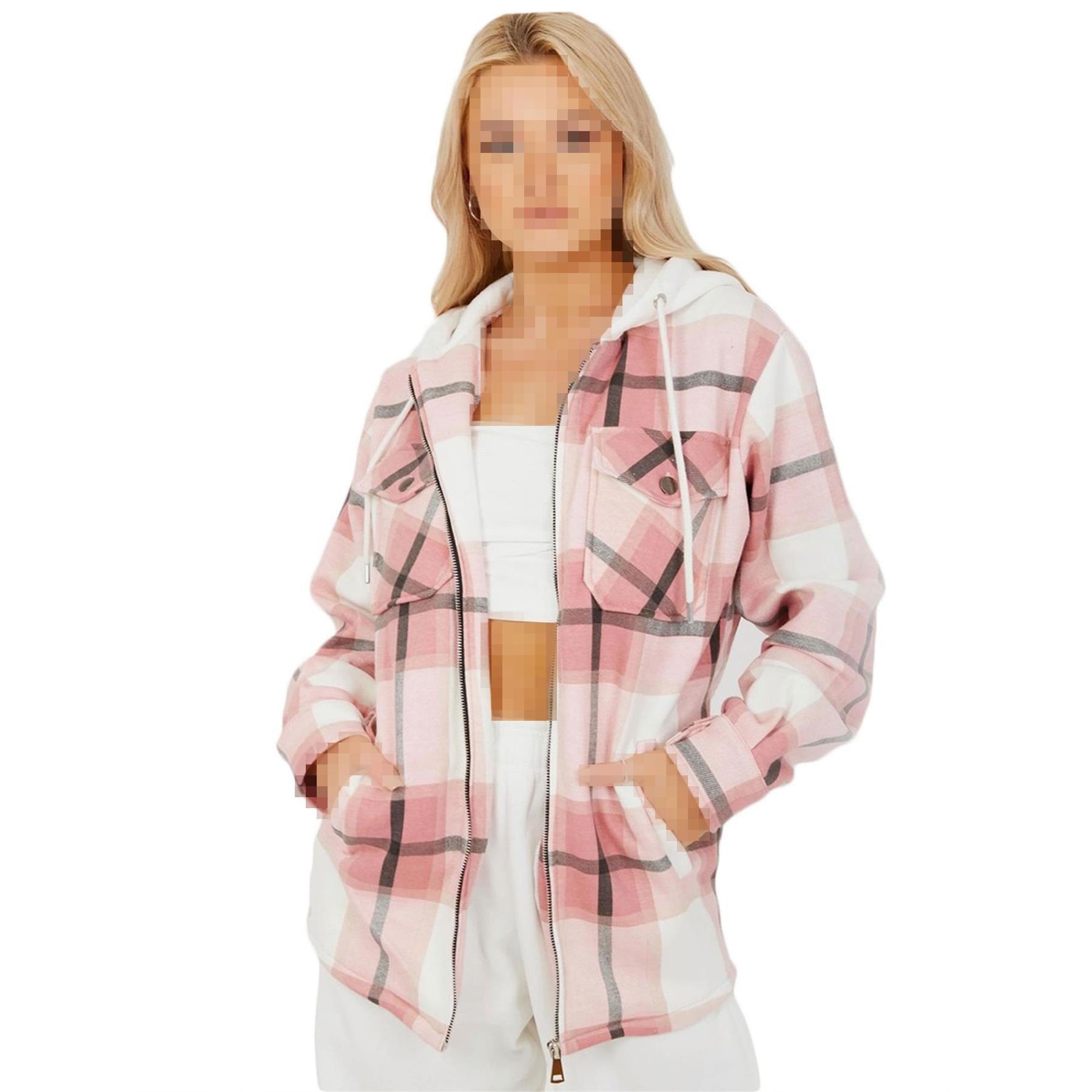 Kids Girls Zip Up Hooded Jackets Pink Check Print Utility Pockets Fleece Coats