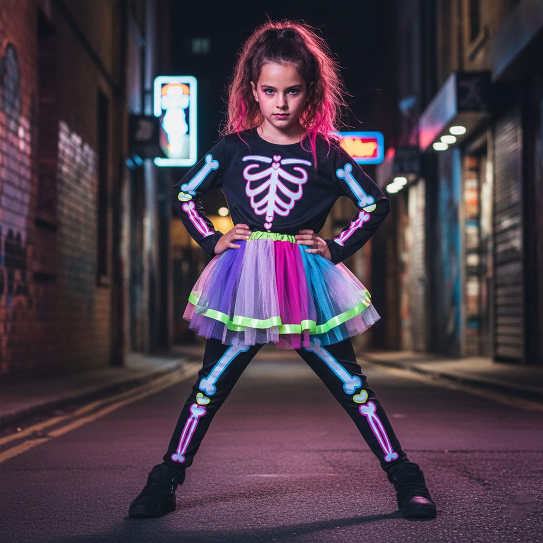 Kids Girls Skeleton Costume With Rainbow Tutu Halloween Parties Fancy Dress