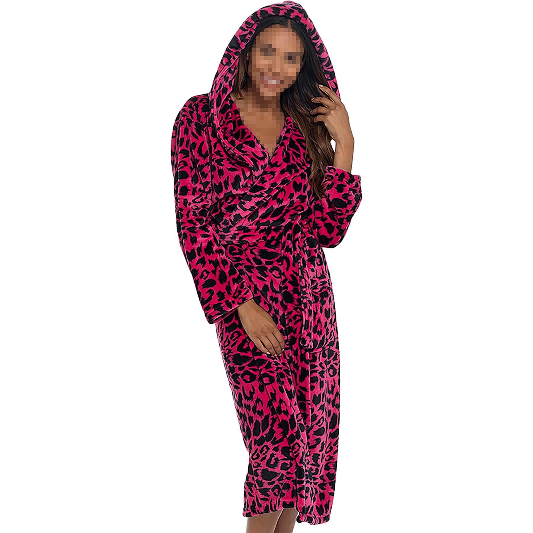 A2Z Women's Luxurious Fluffy Fleece Robe Leopard Print Hooded Dressing Gown