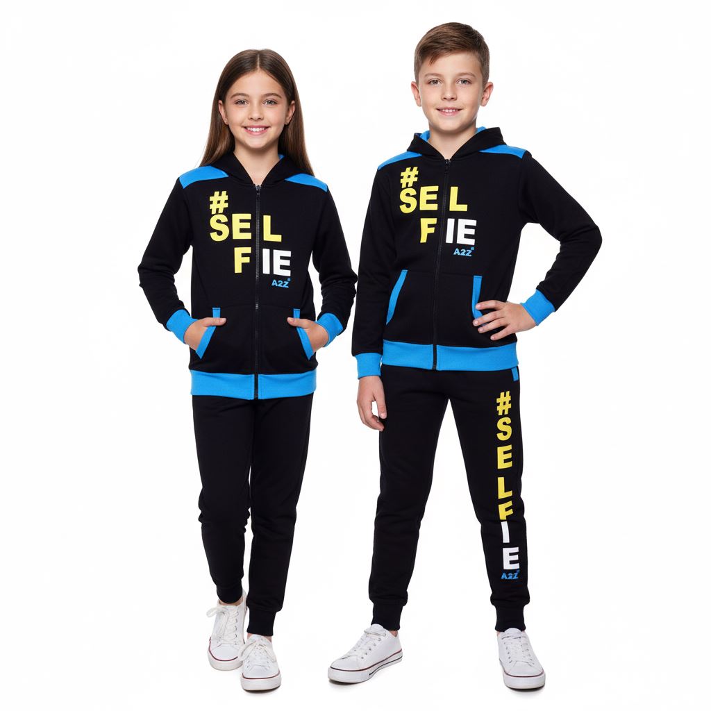 A2Z 4 Kids Girls Boys #SELFIE Tracksuit Hoodie & Joggers Outfit Set Top Bottom