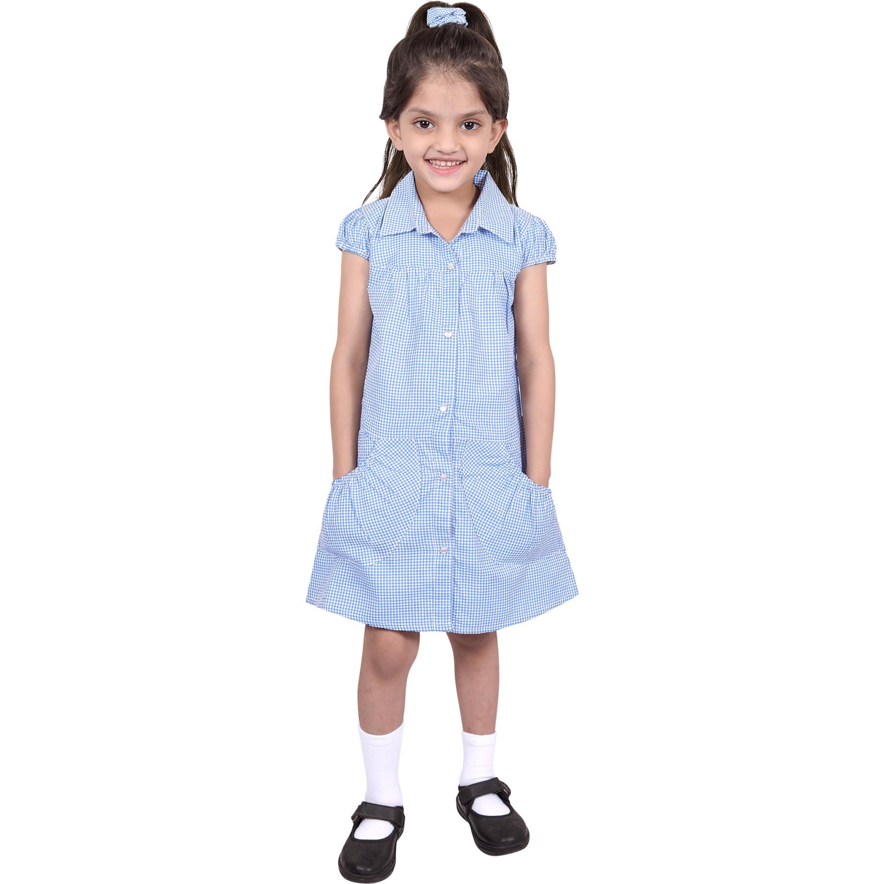 Girls Uniform School Dress Gingham Check Printed Dress With Matching Scrunchies