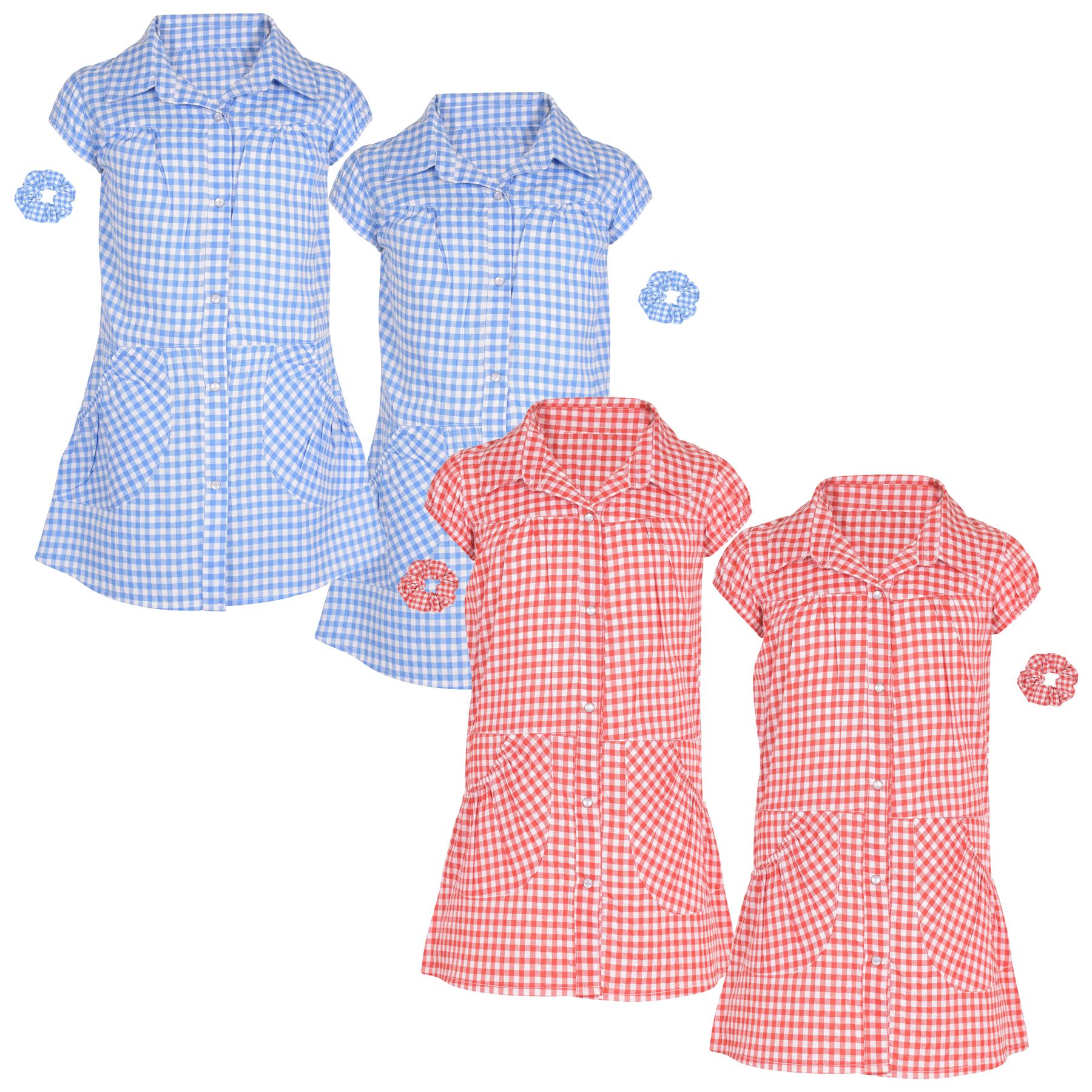 Girls Gingham School Dress Pack Of 2 Check Print Dresses With Matching Scrunchie