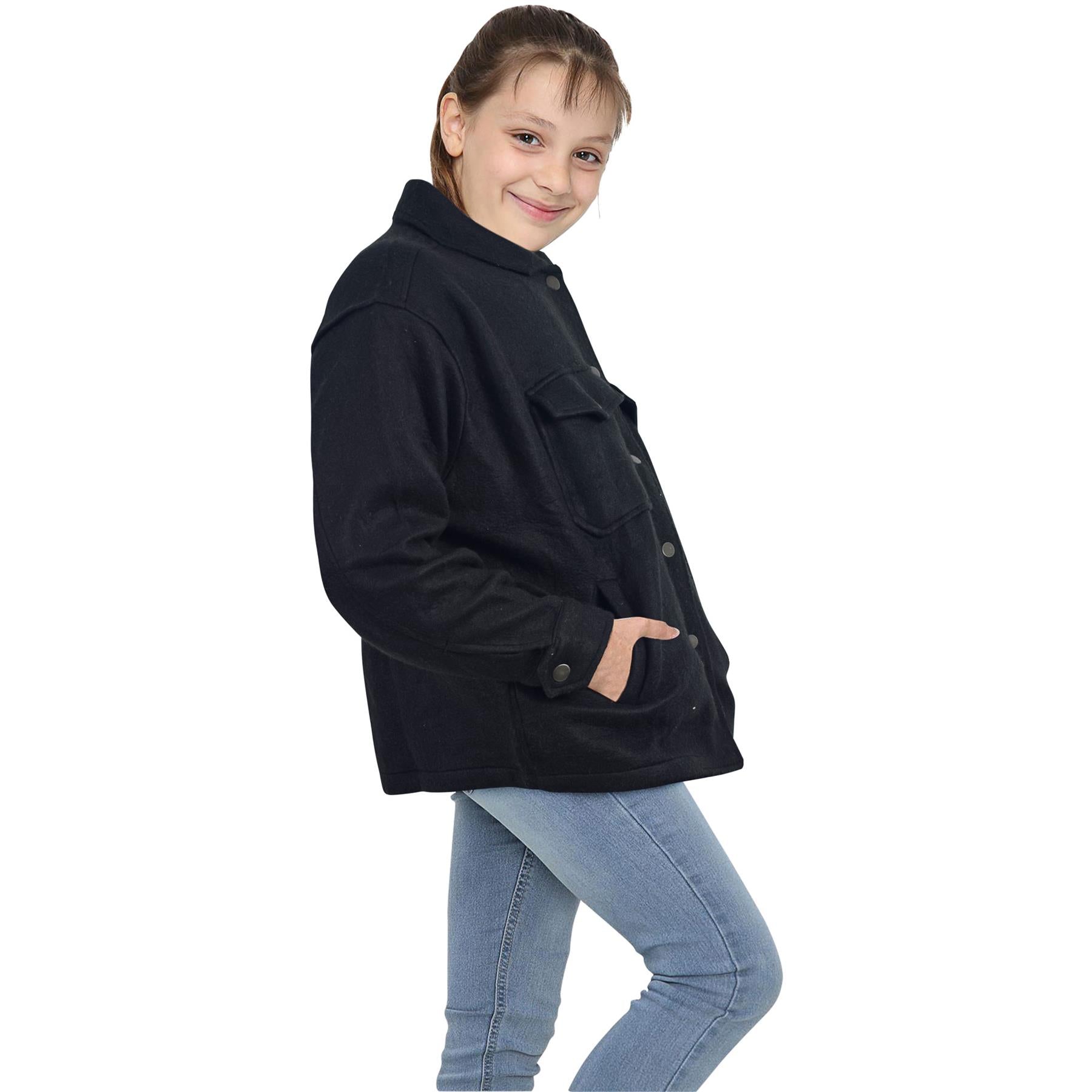 Kids Girls Plain Black Color Jackets Tunic Fleece Collared Fashion Coat 7-13 Yrs