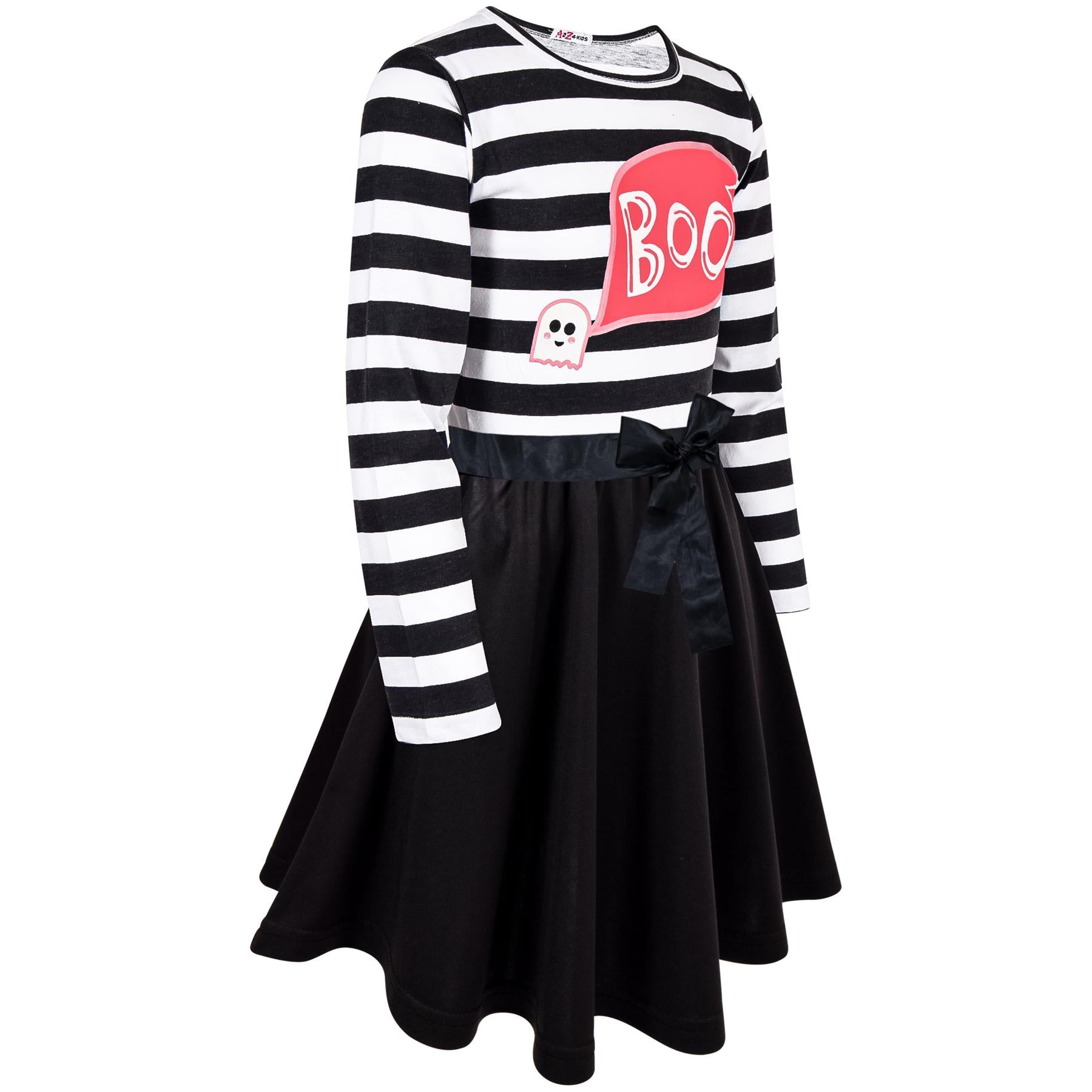 Girls Long Sleeves Boo Printed Stripes Panelled Halloween Skater Dress