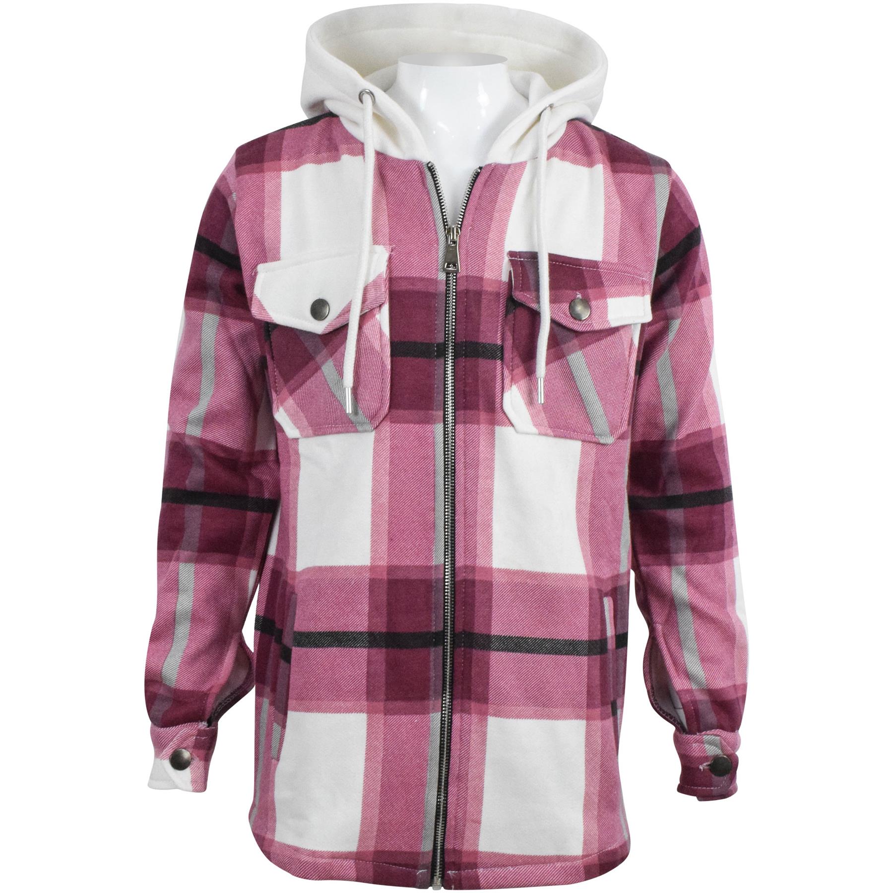 Kids Girls Zip Up Hooded Jackets Wine Check Print Utility Pockets Fleece Coats