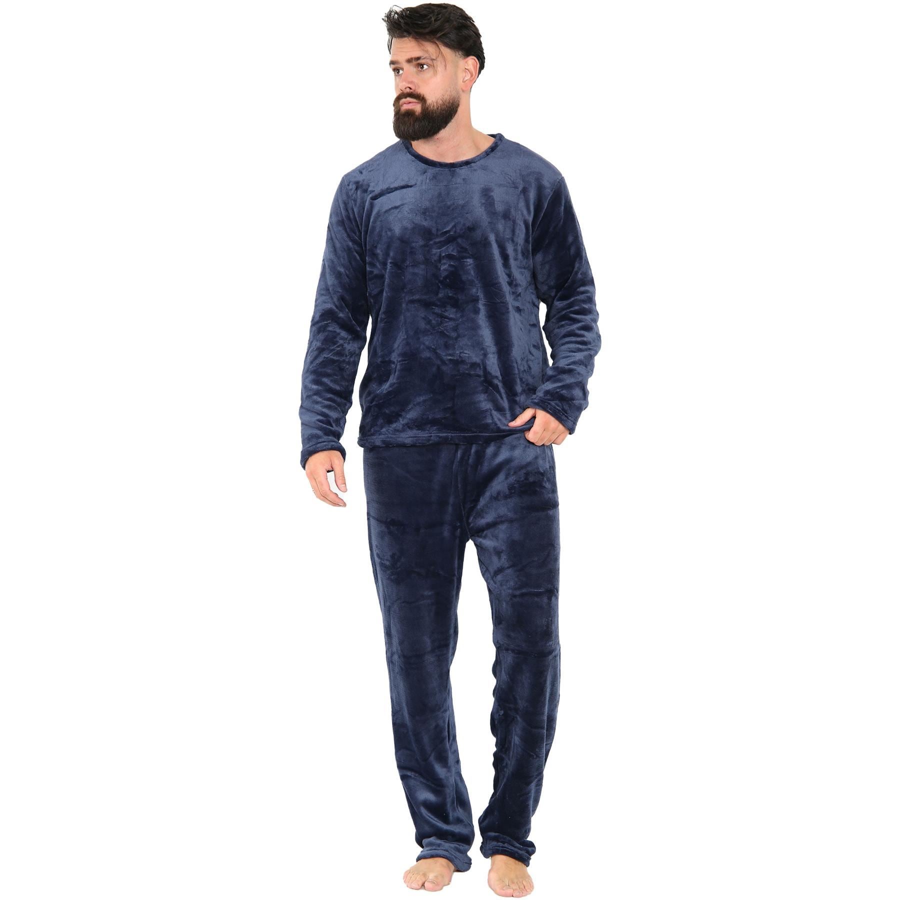 Mens Pyjamas Set Long Sleeve Crew Neck Plain Soft Fleece Pyjamas Set