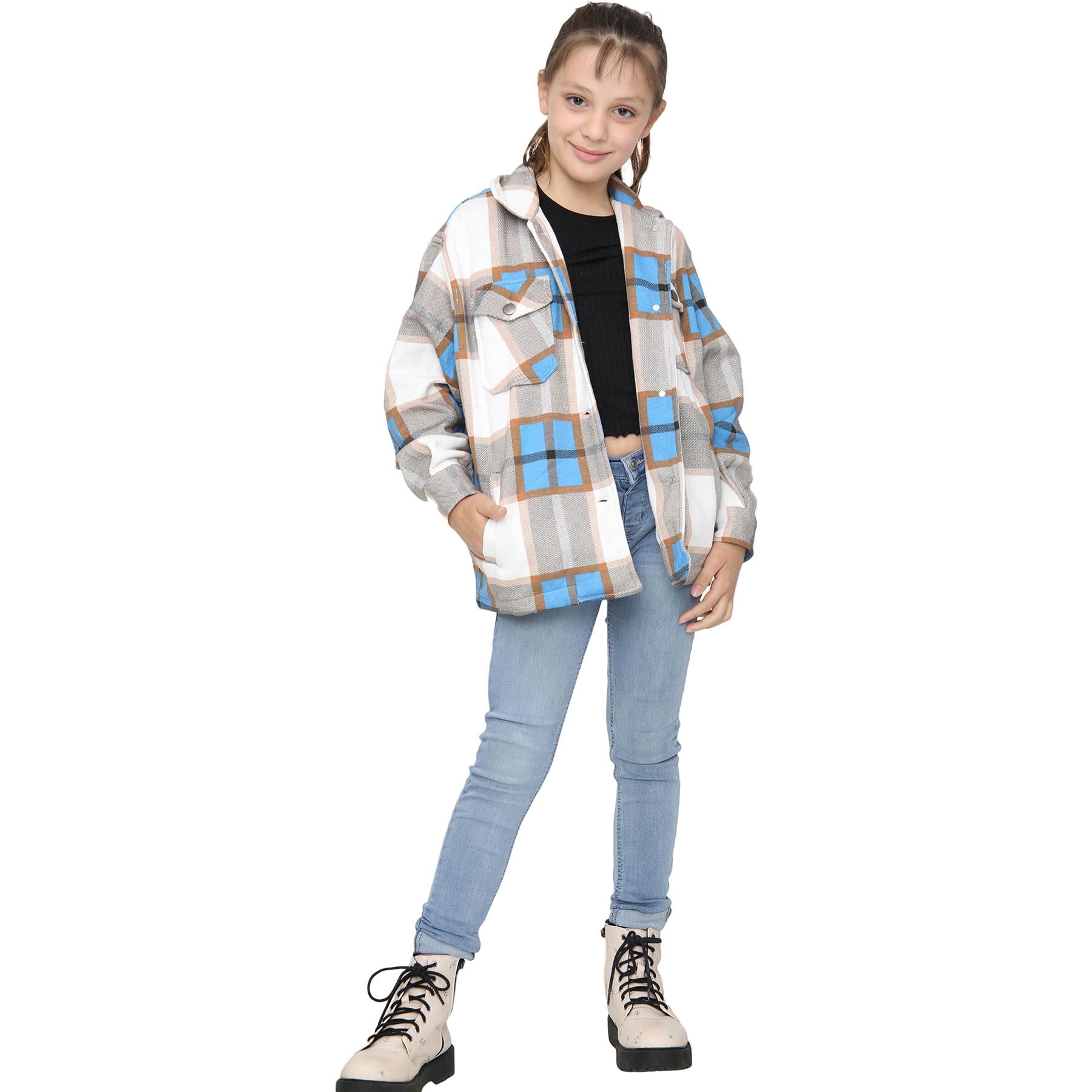 Kids Girls Check Print Blue Jackets Tunic Fleece Collared Fashion Coat 7-13 Year