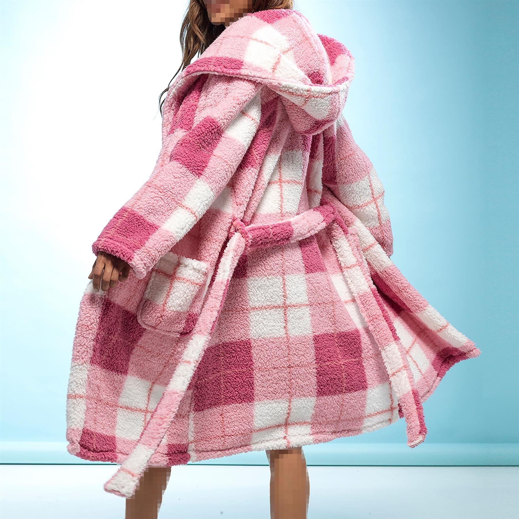 A2Z Women's Luxurious Fluffy Fleece Robe Check Print Sherpa Hooded Dressing Gown