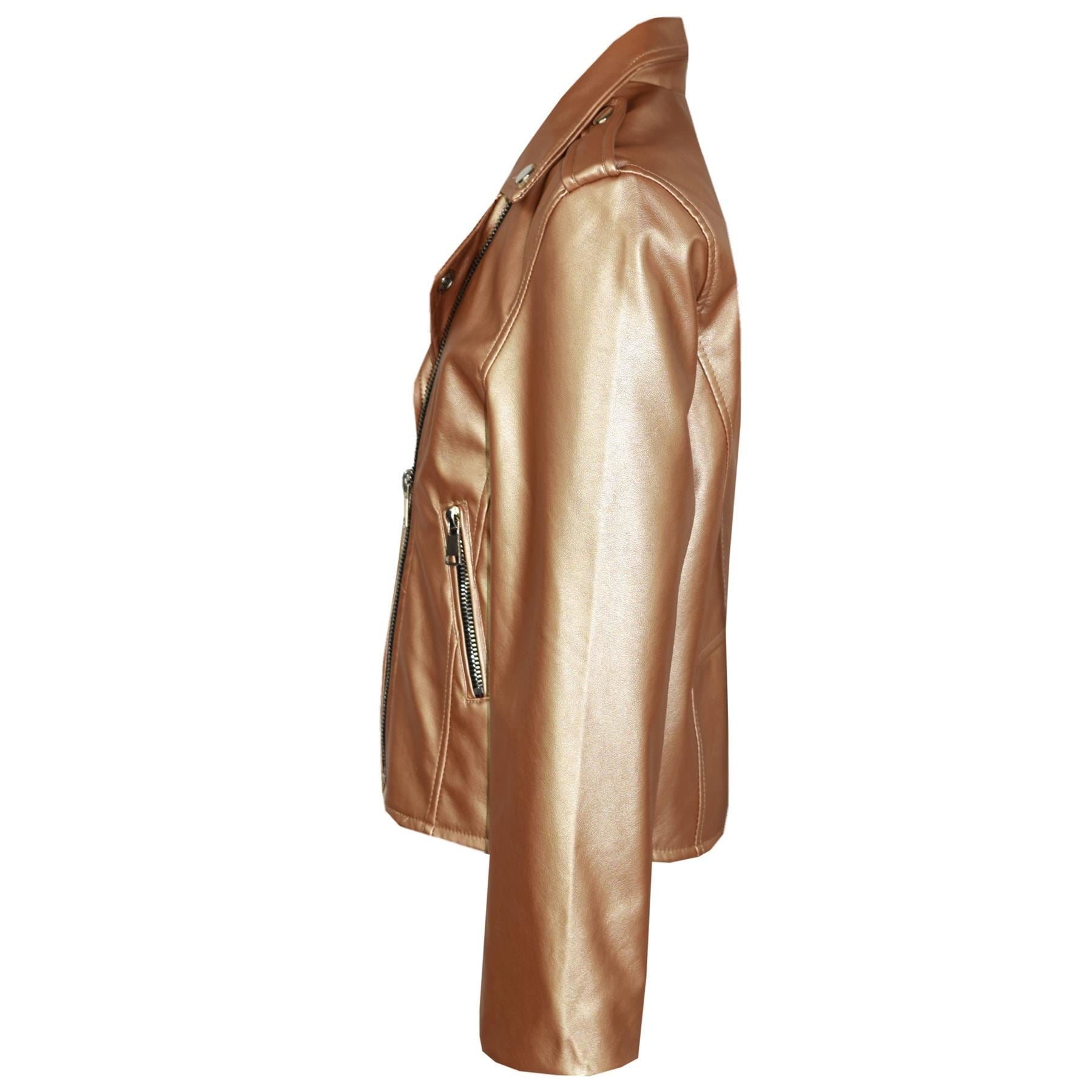 Kids Girls Gold Jackets PU Leather Zip Up Biker Coat Overcoats