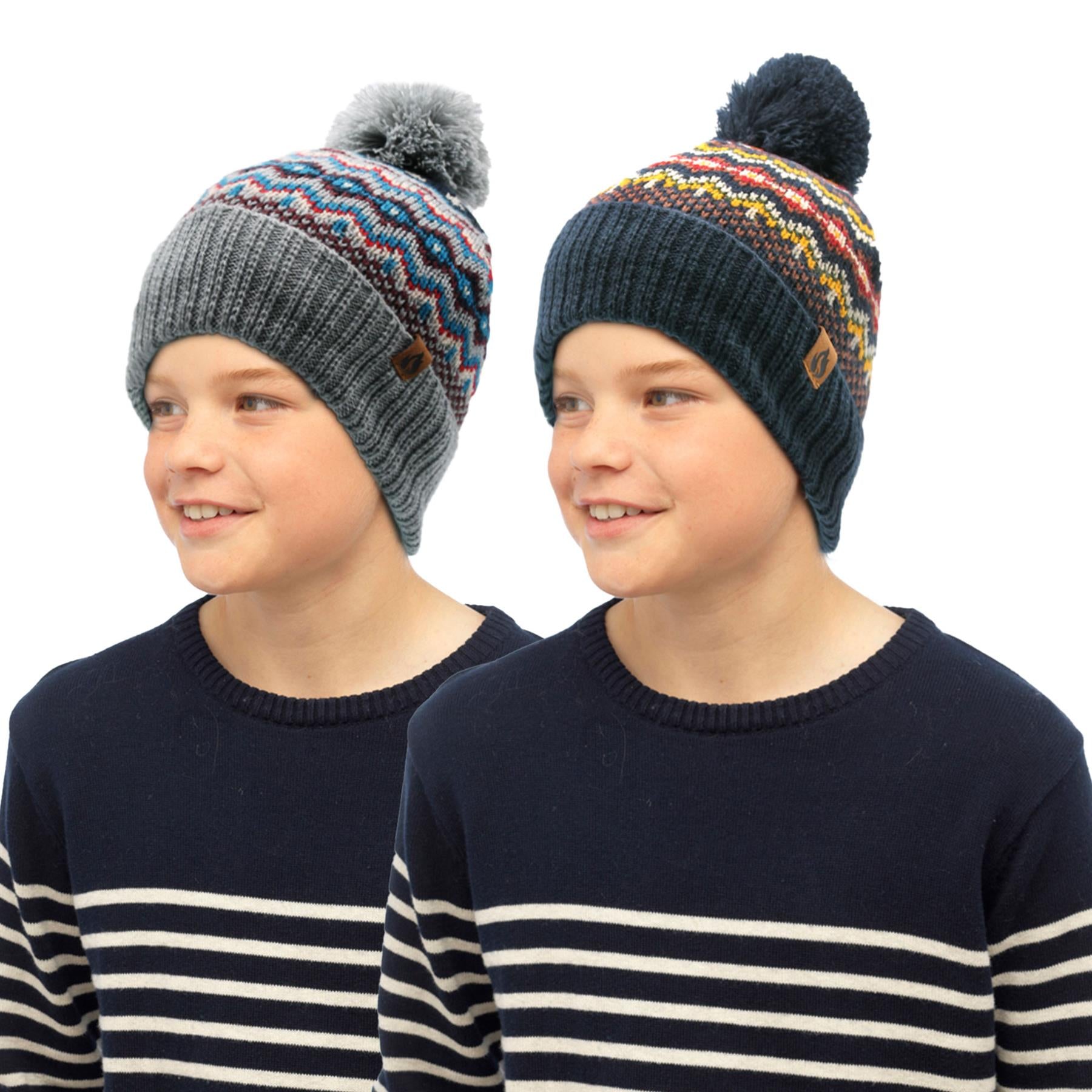 A2Z 4 Kids Boys Hat 2 Pack Nordic Bobble Knitted Pom Pom Winter Warm Cosy Hats