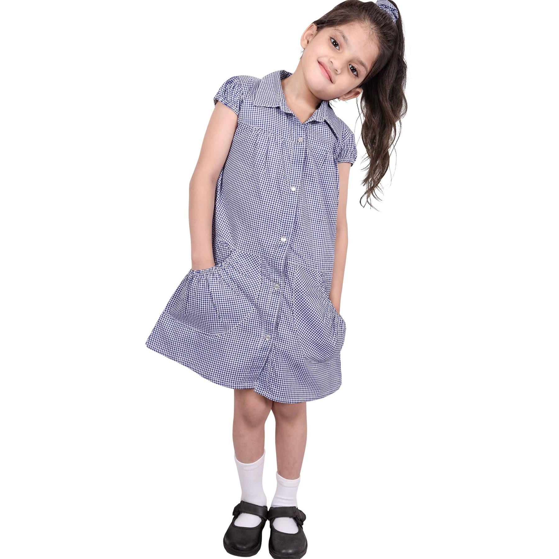 Kids Girls Pack Of 2 Uniform School Dress Gingham Dress With Matching Scrunchies