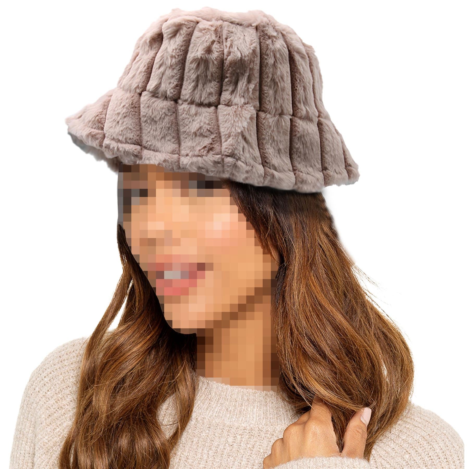 Ladies Bucket Hats Winter Warm Fluffy Stripe Faux Fur Soft Plush Fisherman Cap