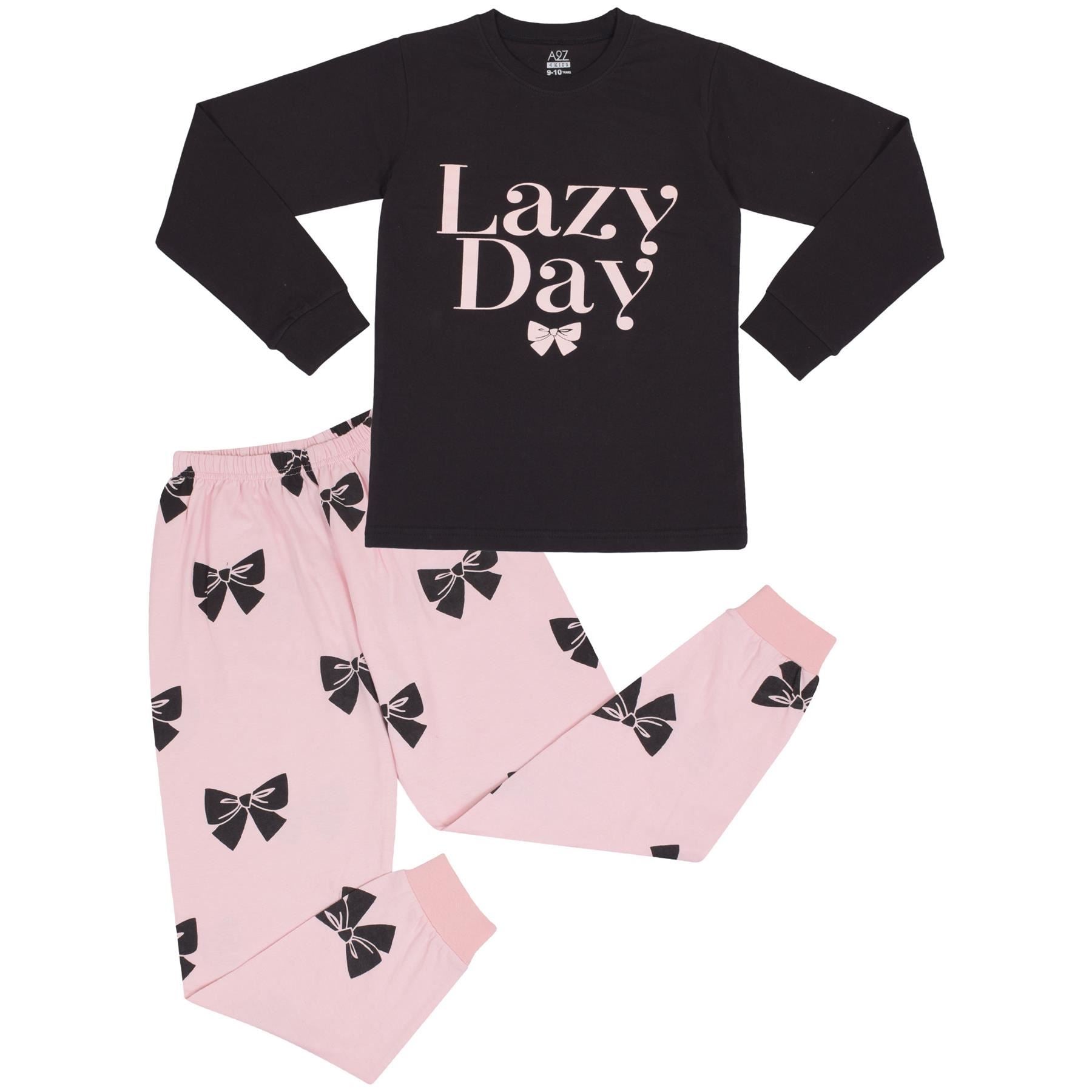 Kids Girls Pyjamas Lazy Day Print Black Lounge Suit Set