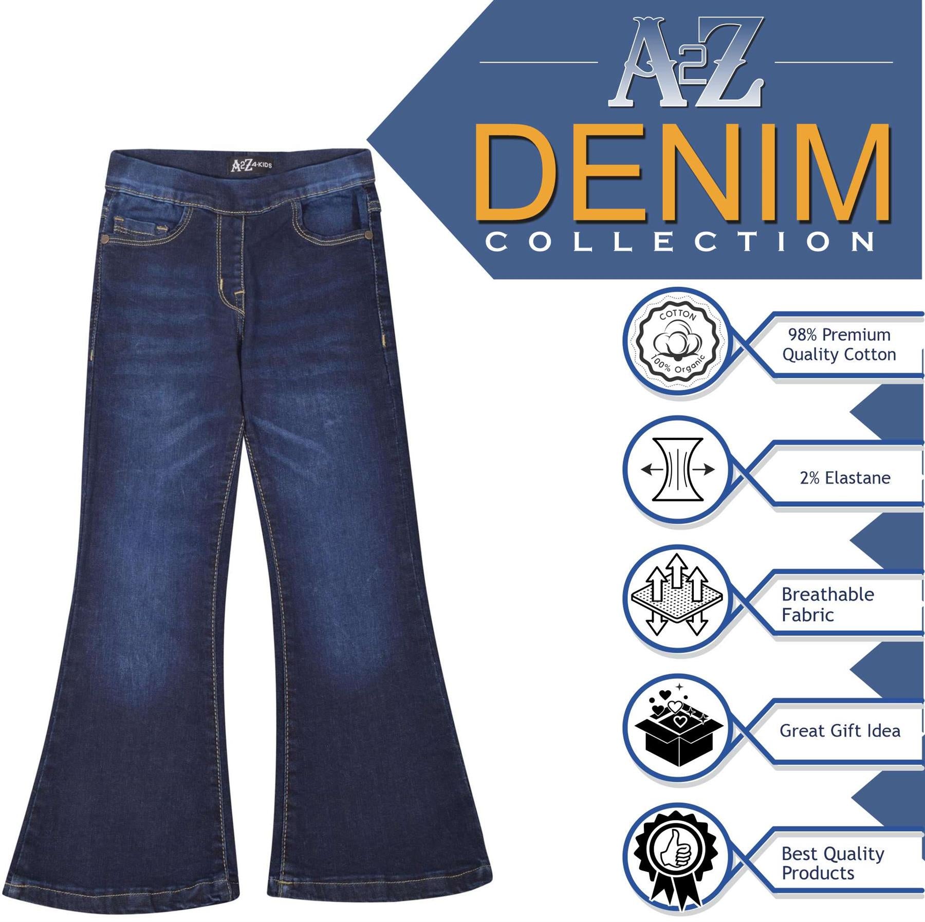 A2Z 4 Kids Girls Denim Jeans Bell Bottom Flared Lightweight Pants Age 5-14 Years