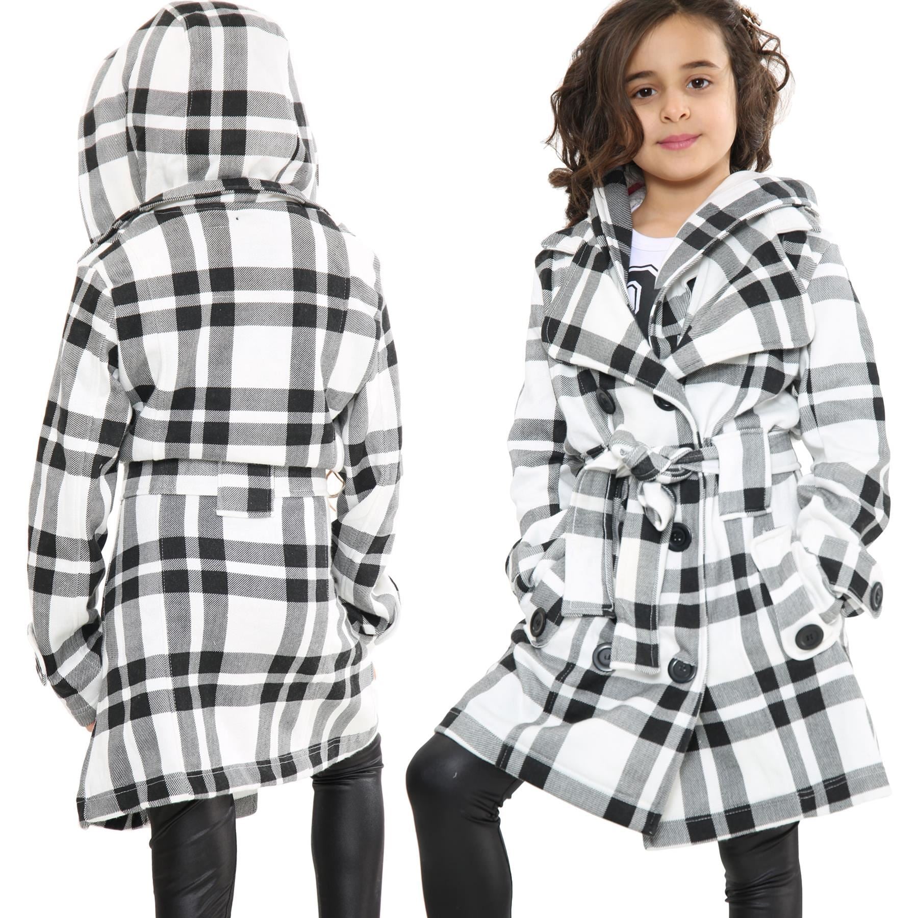 Kids Girls Overcoats Hooded Trench Coats Lapels White Check Long Parka Jackets