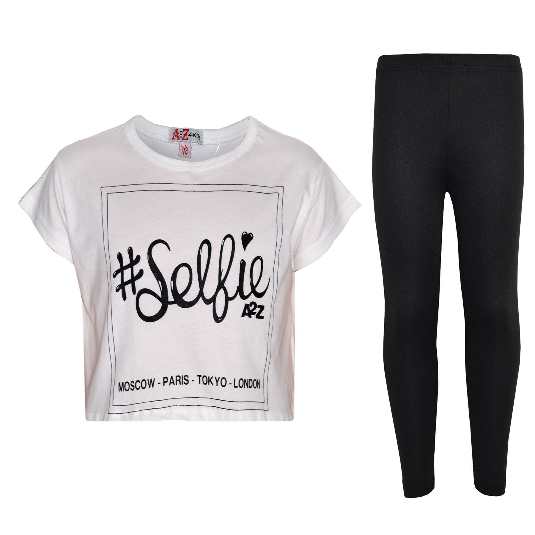 Girls Top Kids #Selfie Print Stylish Crop Top & Fashion Legging Set 7-13