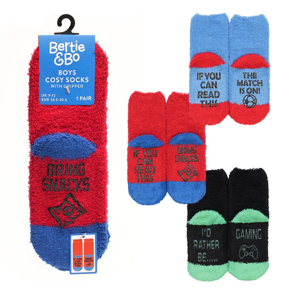 Kids Boys Novelty Socks Cosy Super Soft Funky Winter Slogan Sole Gripper Socks