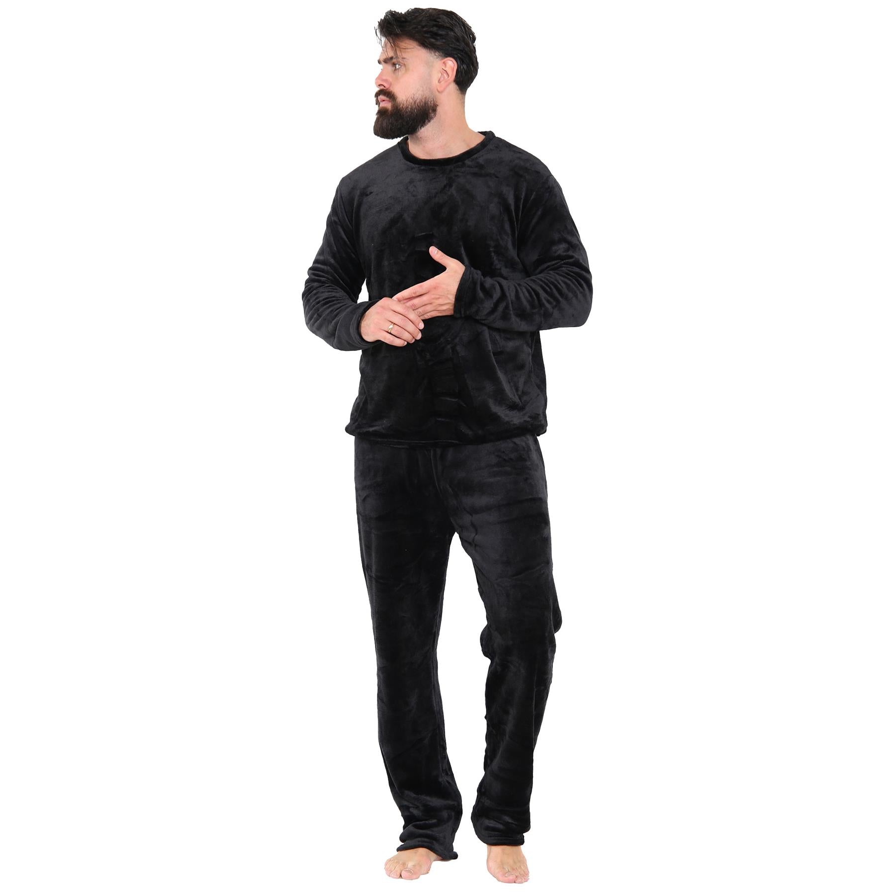 Mens Pyjamas Set Long Sleeve Crew Neck Plain Soft Fleece Pyjamas Set