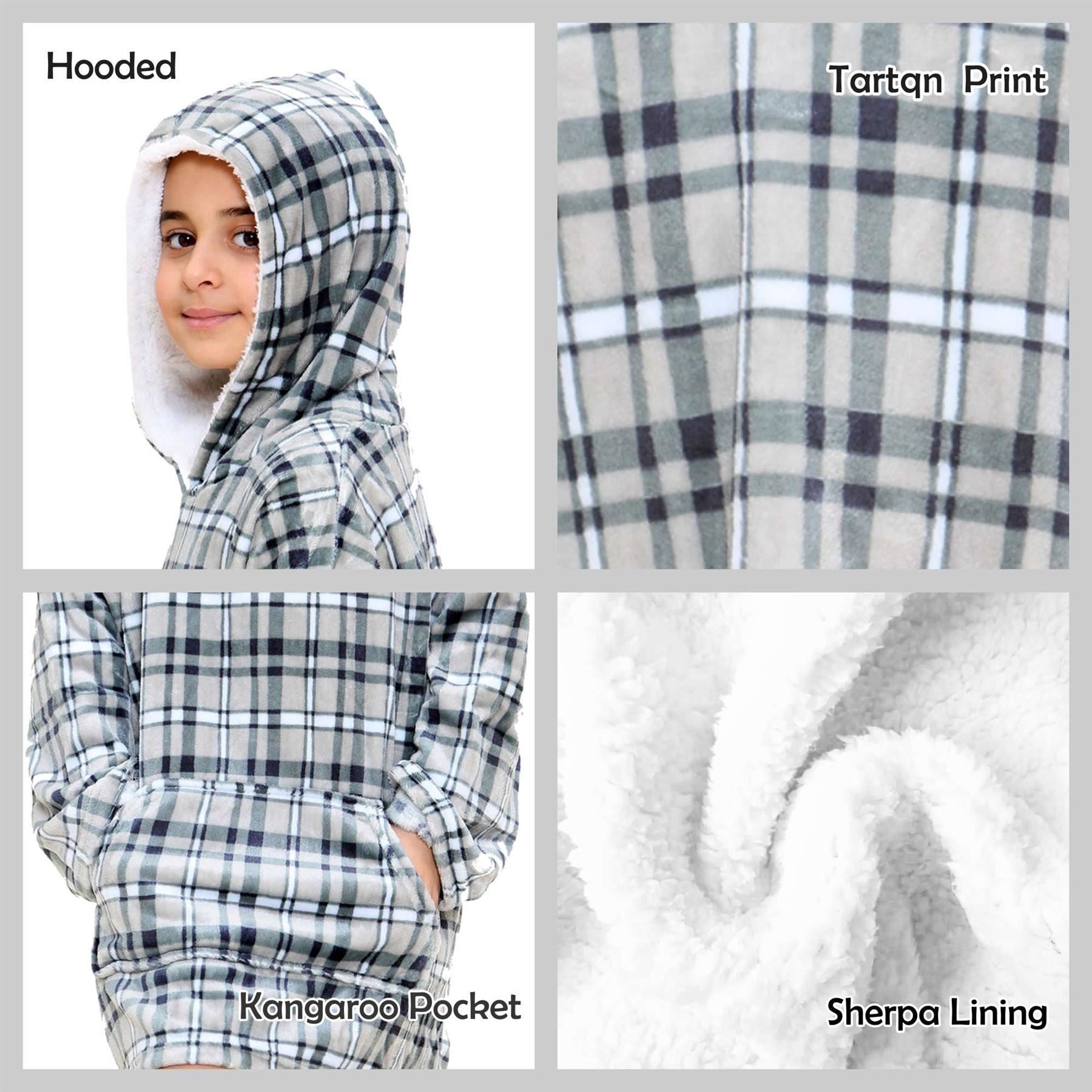 Kids Oversized Hoodie Blue Tartan Printed Snuggle Soft World Book Day Blanket