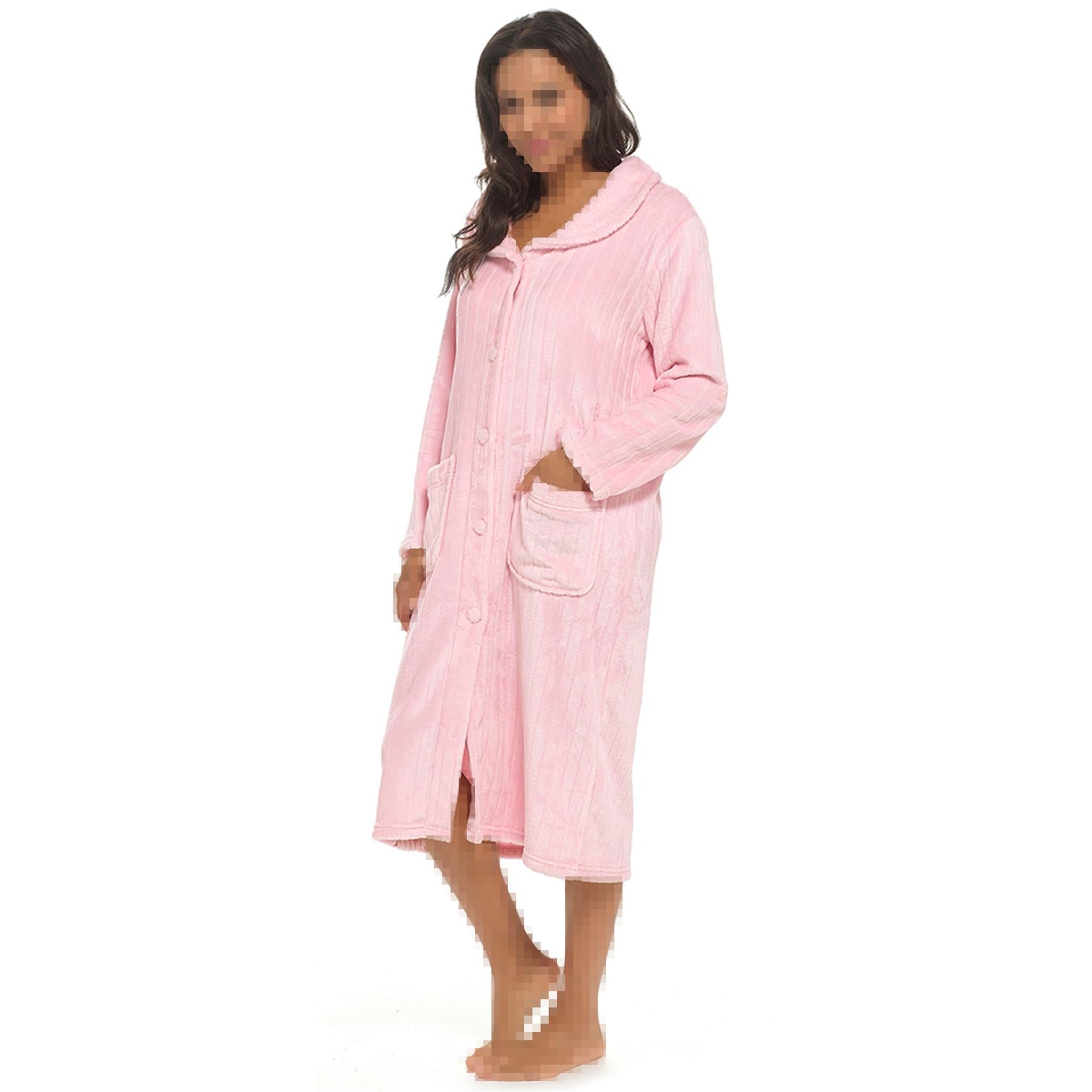 Womens Dressing Gown Soft Fleece Button Fluffy Bathrobe Shawl Collar Ladies Robe