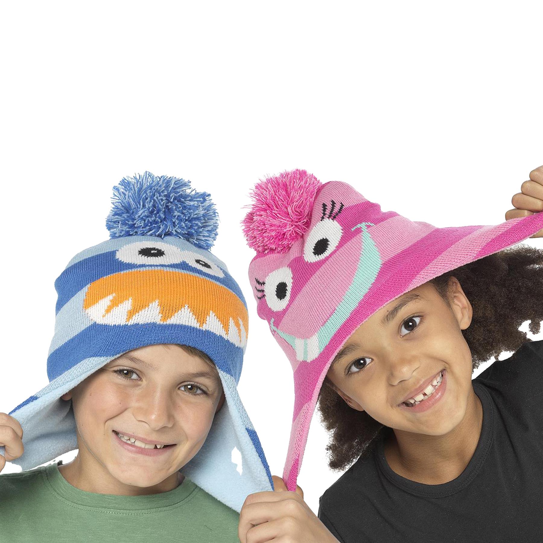 A2Z 4 Kids Girls Boys Hat Monster Bobble Pom Pom Beanie Earflap Winter Warm Hats