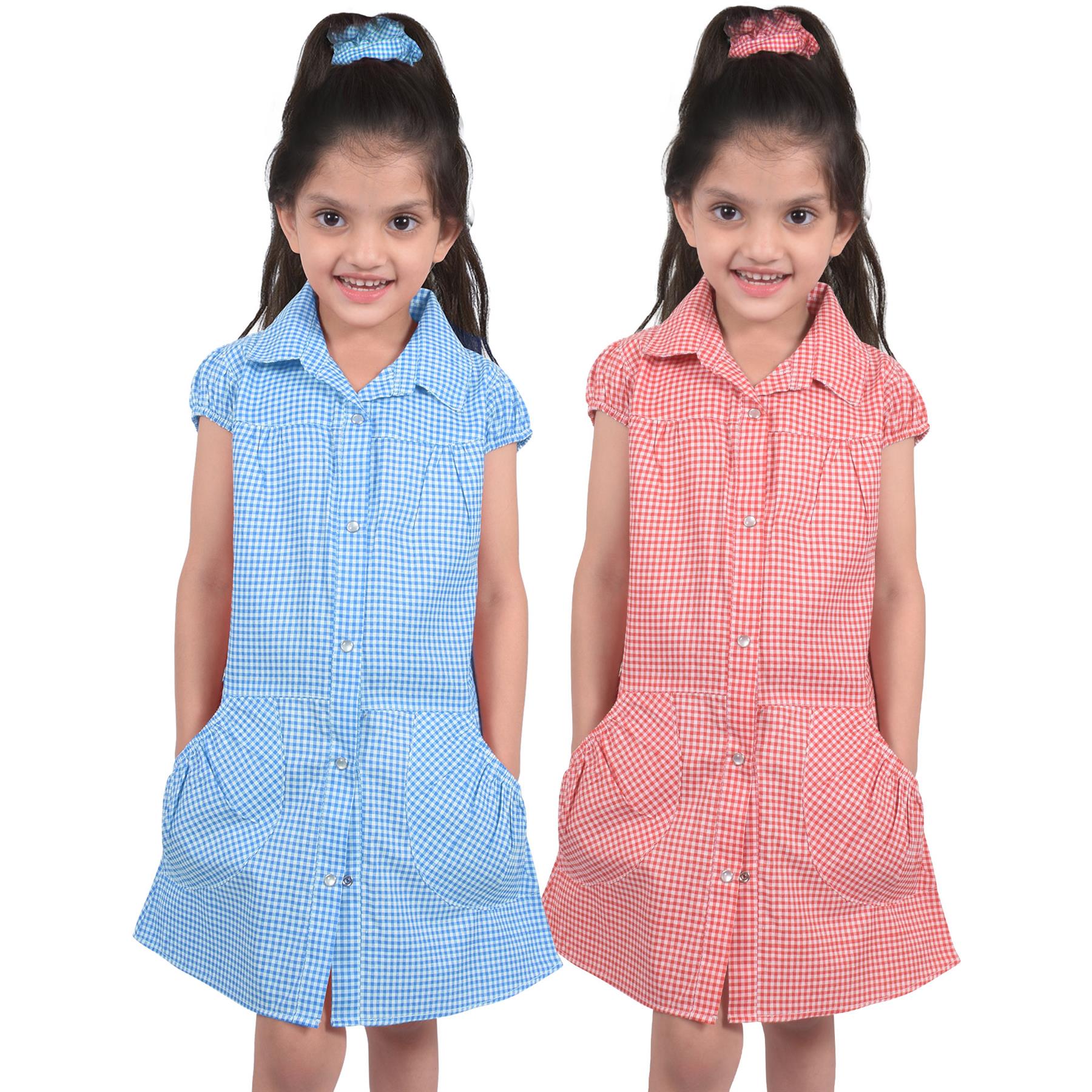 Girls Gingham School Dress Pack Of 2 Check Print Dresses With Matching Scrunchie